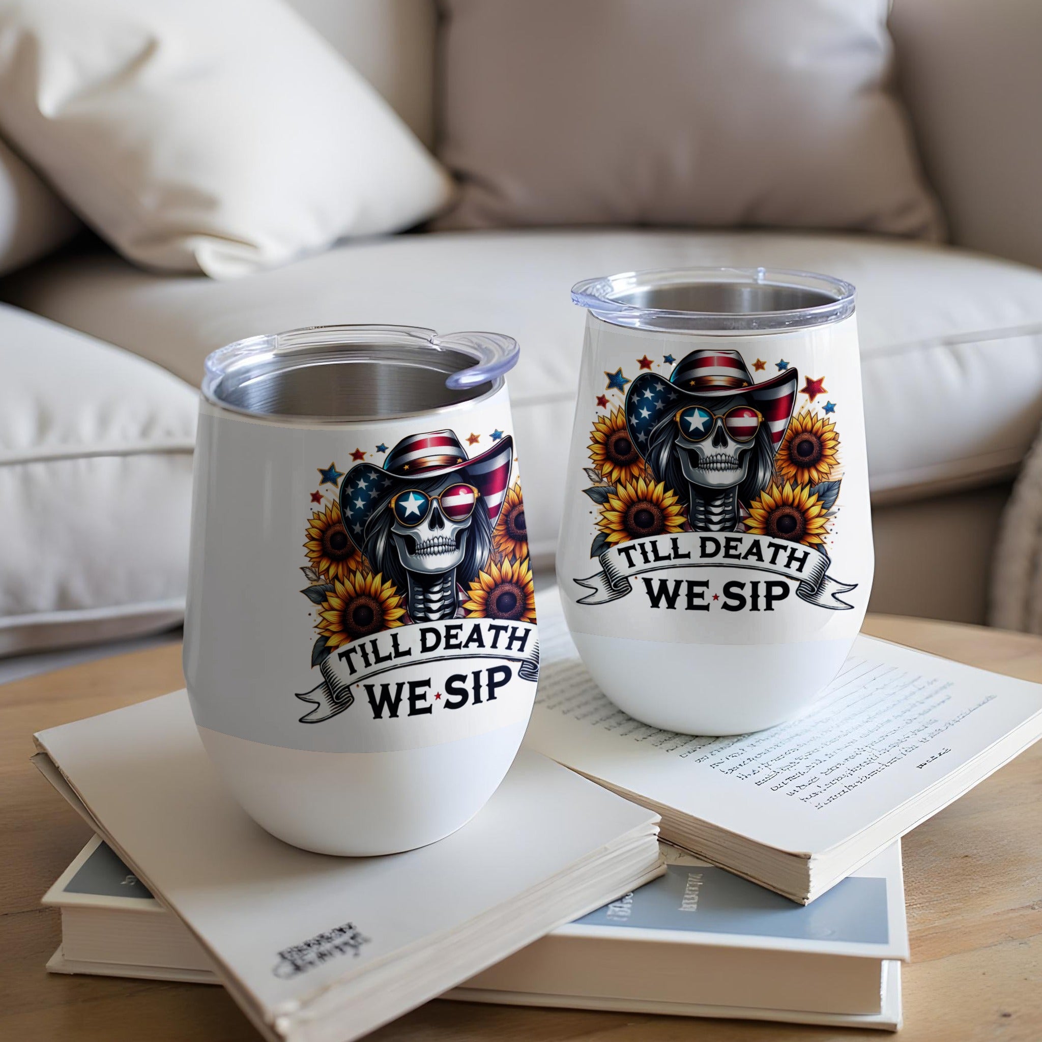 Two white tumblers with skull, sunflower, and US flag design.