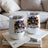 Two white tumblers with skull, sunflower, and US flag design.