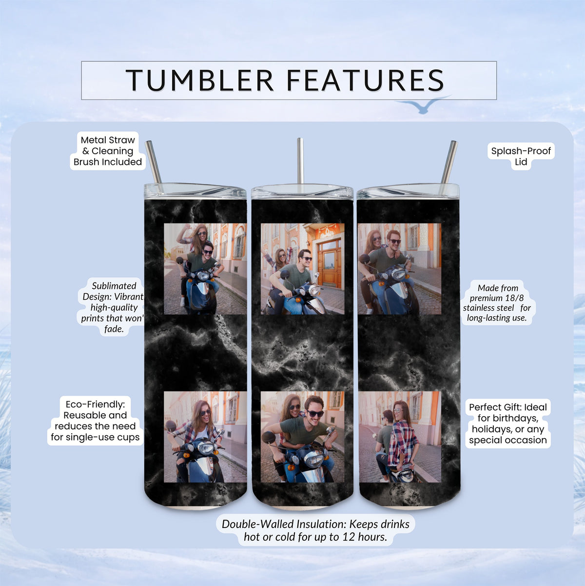 Tumbler with marbled design, metal straw, and "Tumbler Features" text.