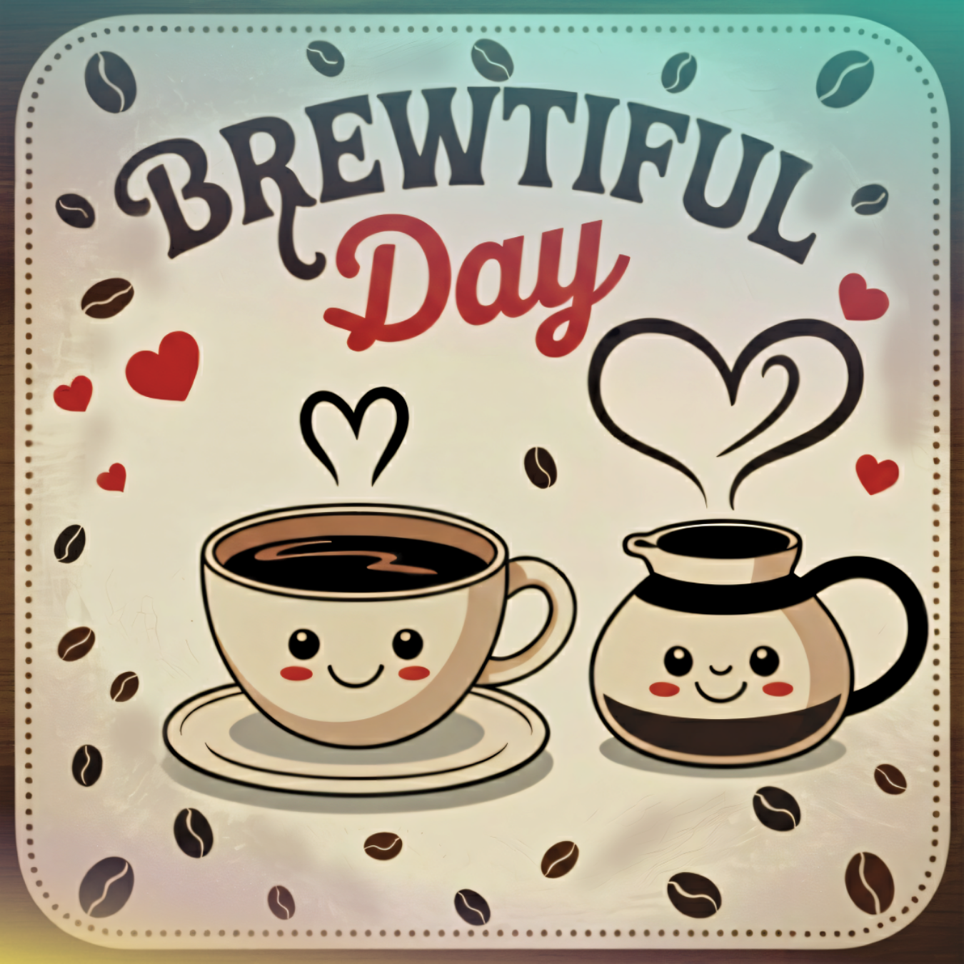 Coffee cup and pot with kawaii faces, "Brewtiful Day" text.