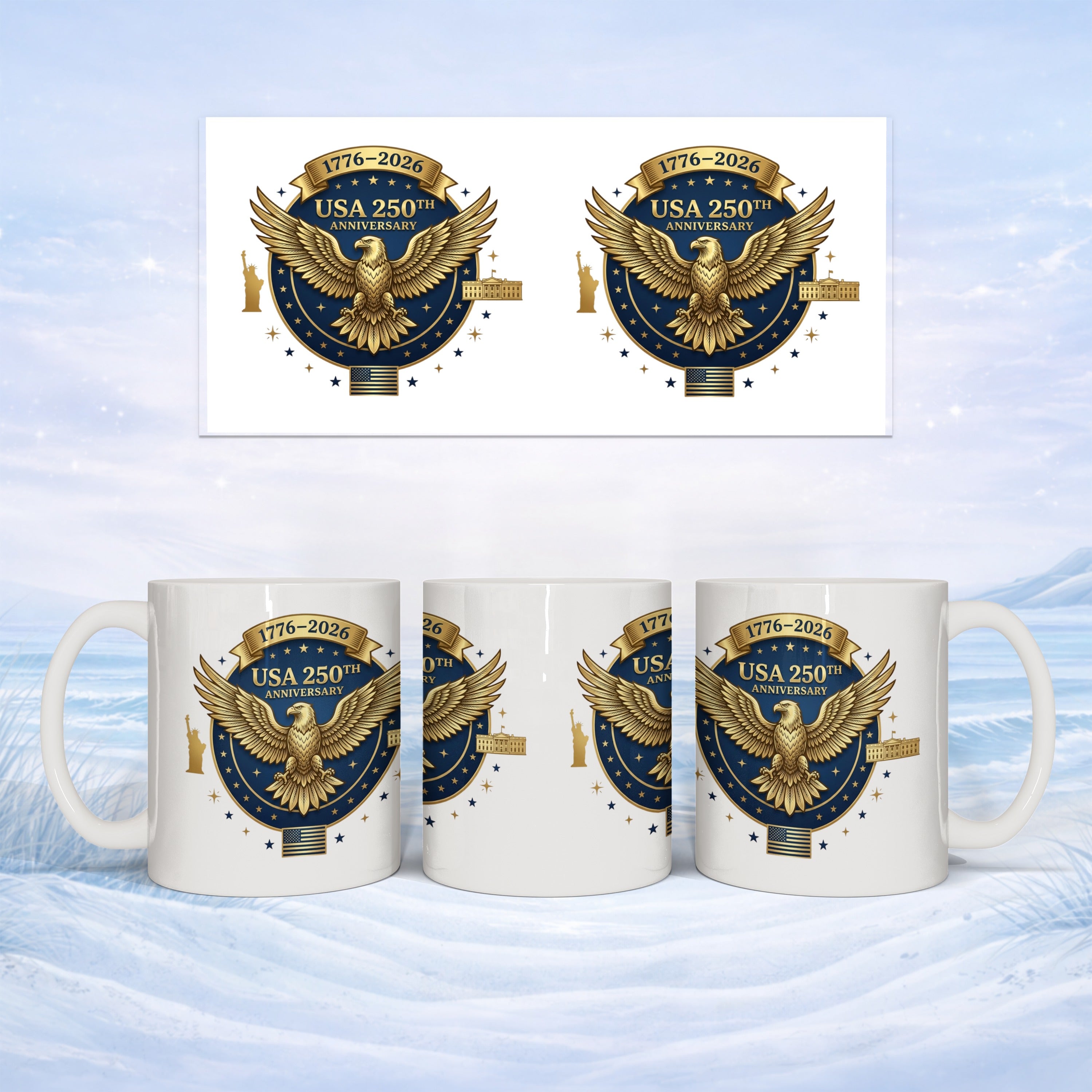 Mug featuring the USA 250th Anniversary emblem with eagle and banner.