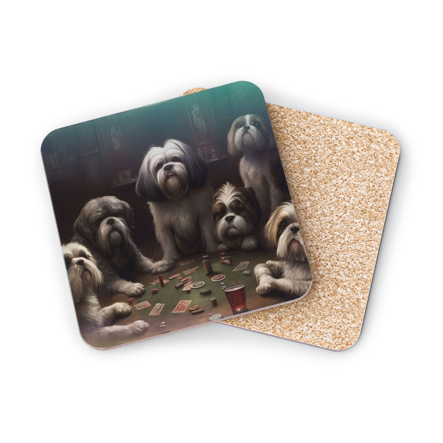 Five shih tzu dogs playing poker at a table.