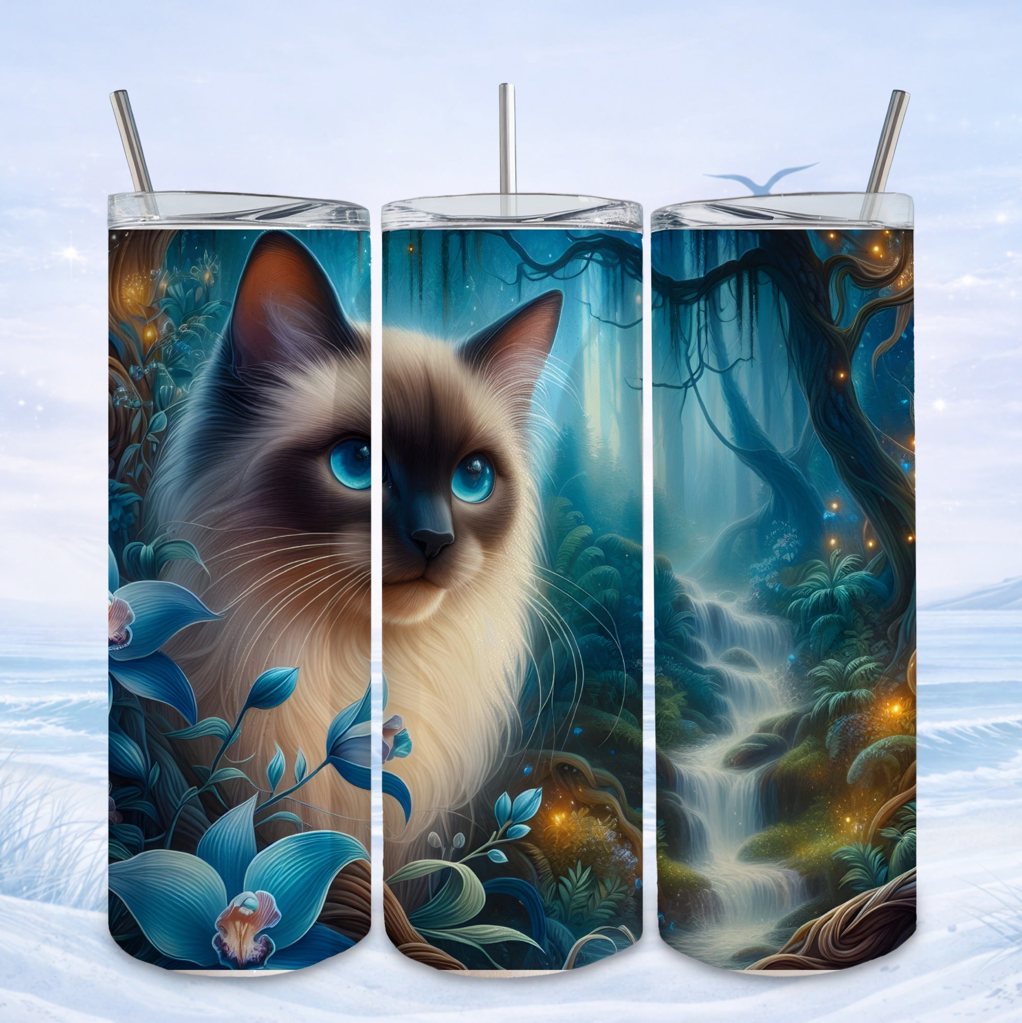 Siamese cat with blue eyes in a magical forest, three tumblers.
