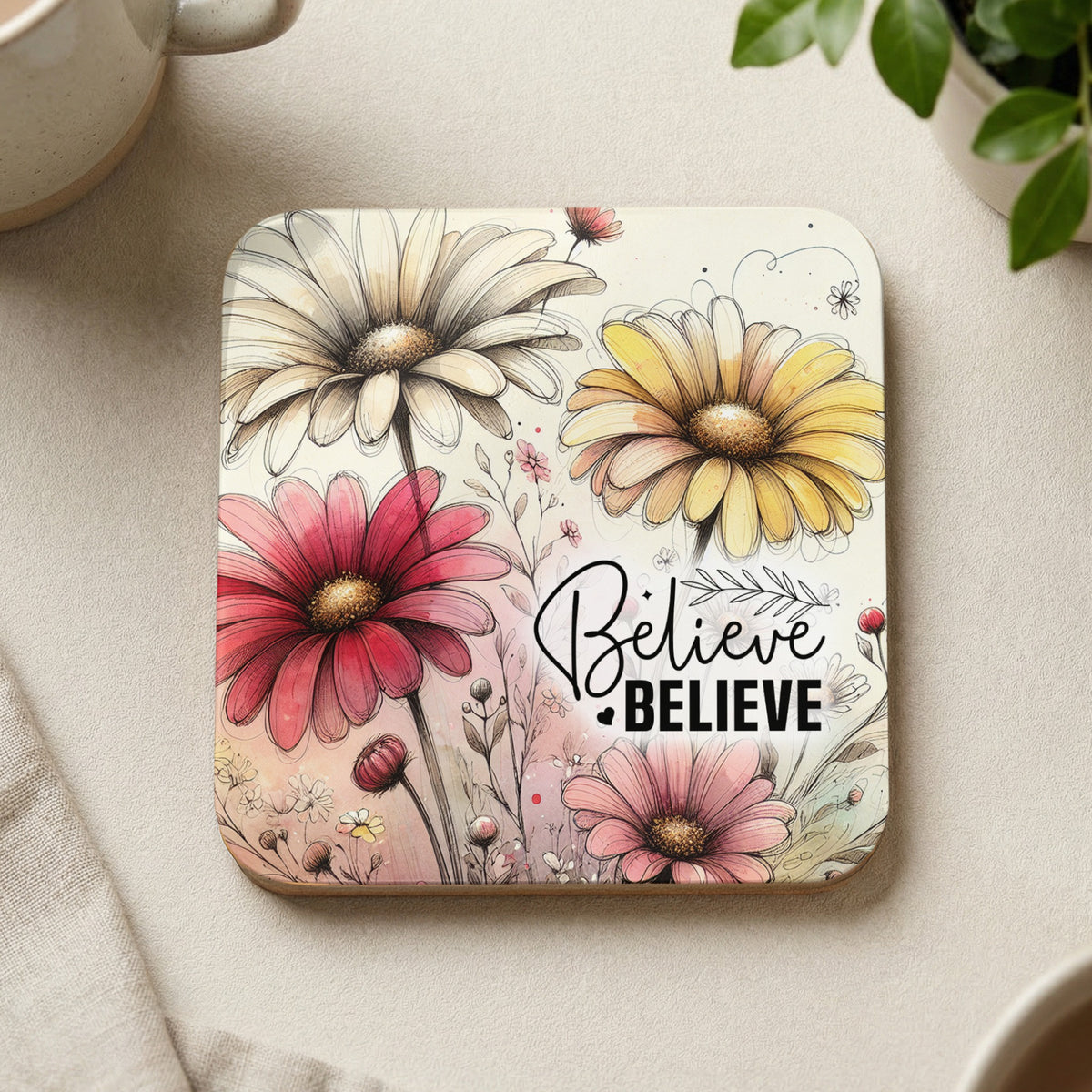 Coaster with four watercolor flowers and "Believe" text.