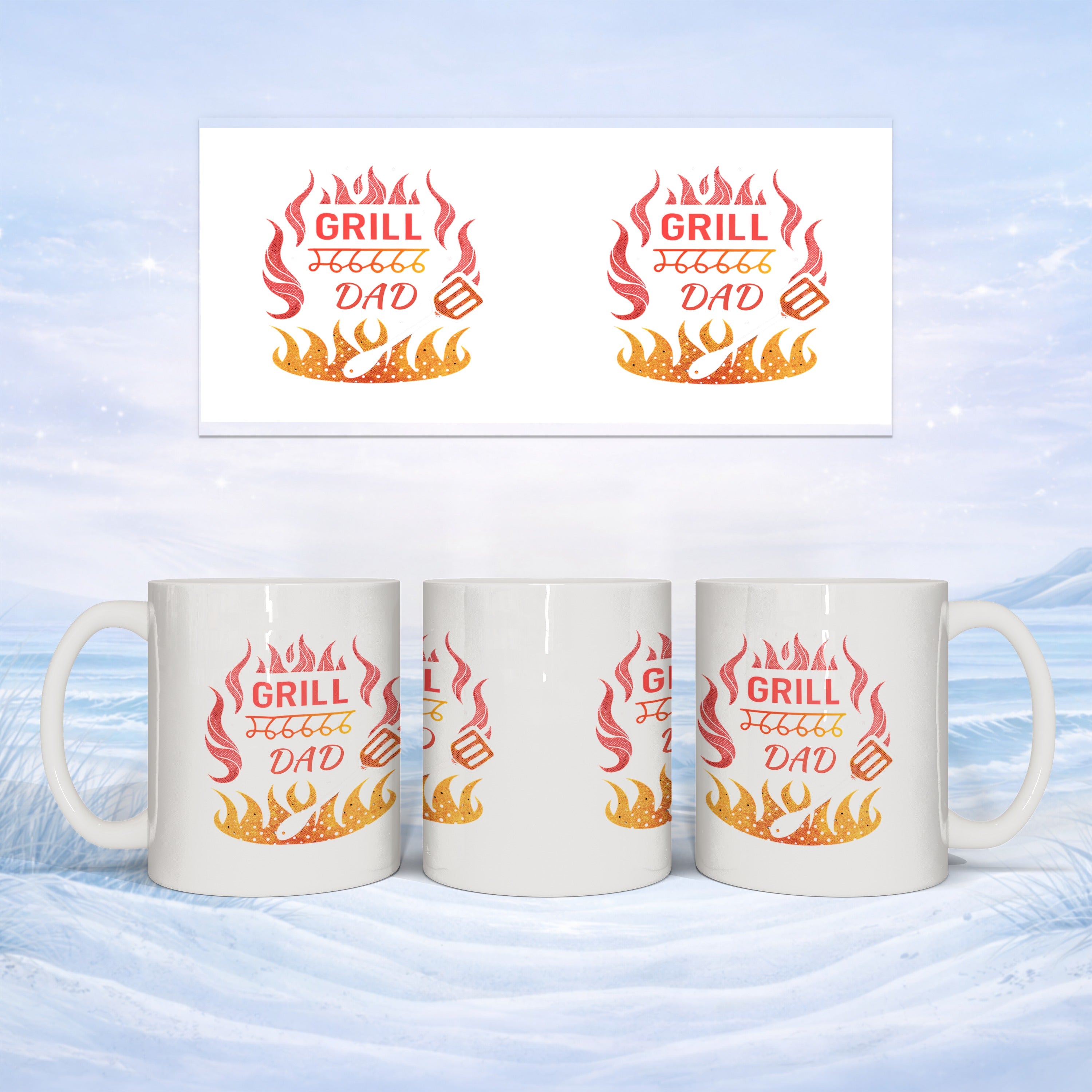 White mug with "Grill Dad" text and flame graphics.