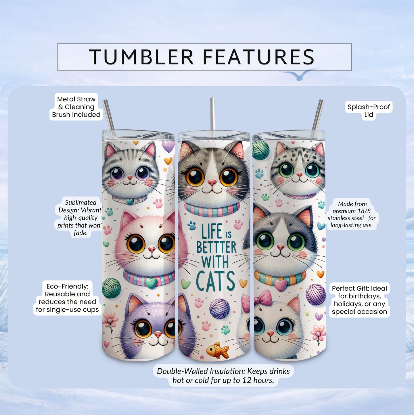 Three tumblers with cat designs, featuring text about features and benefits.