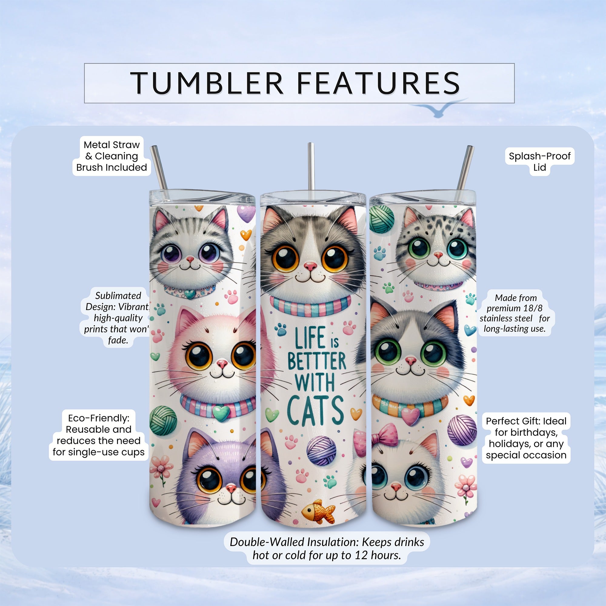 Three tumblers with cat designs, featuring text about features and benefits.