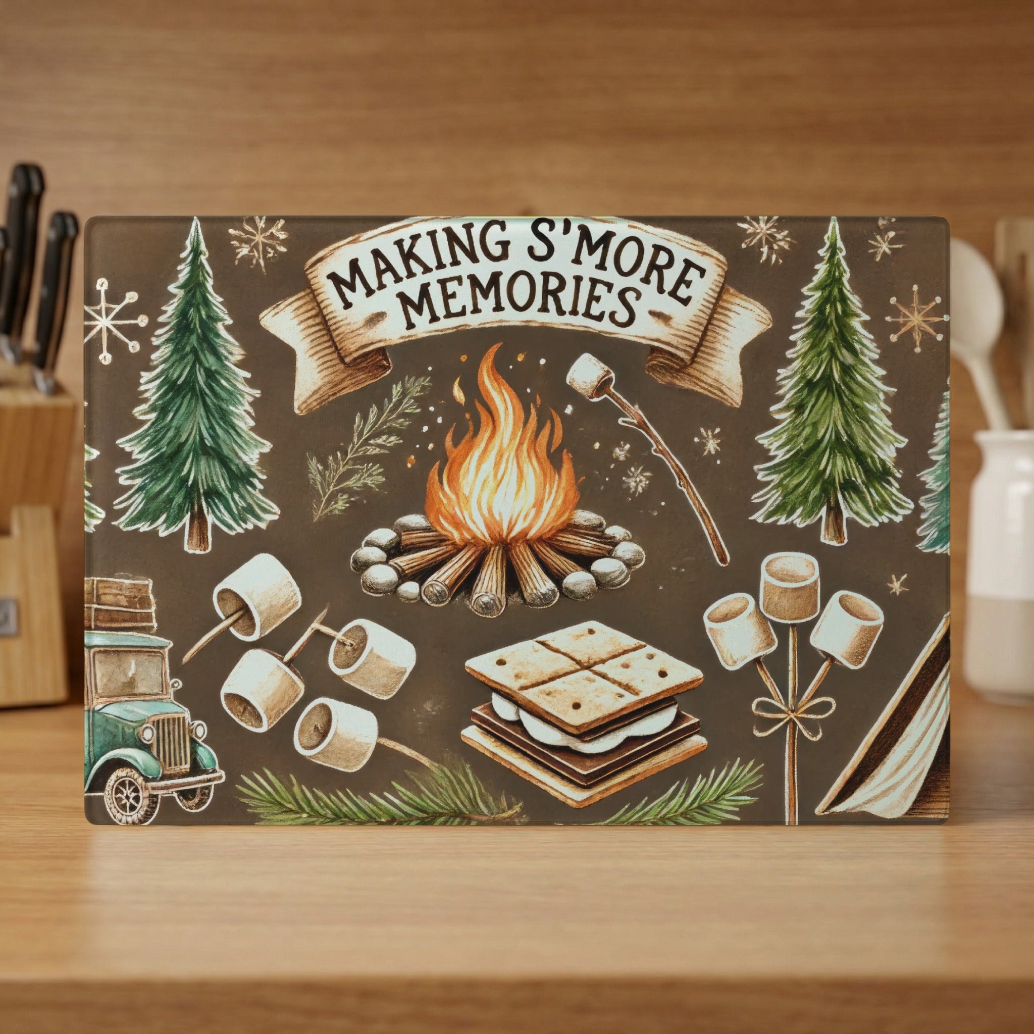 "Making S'more Memories" cutting board with campfire, marshmallows, s'mores, and trees.