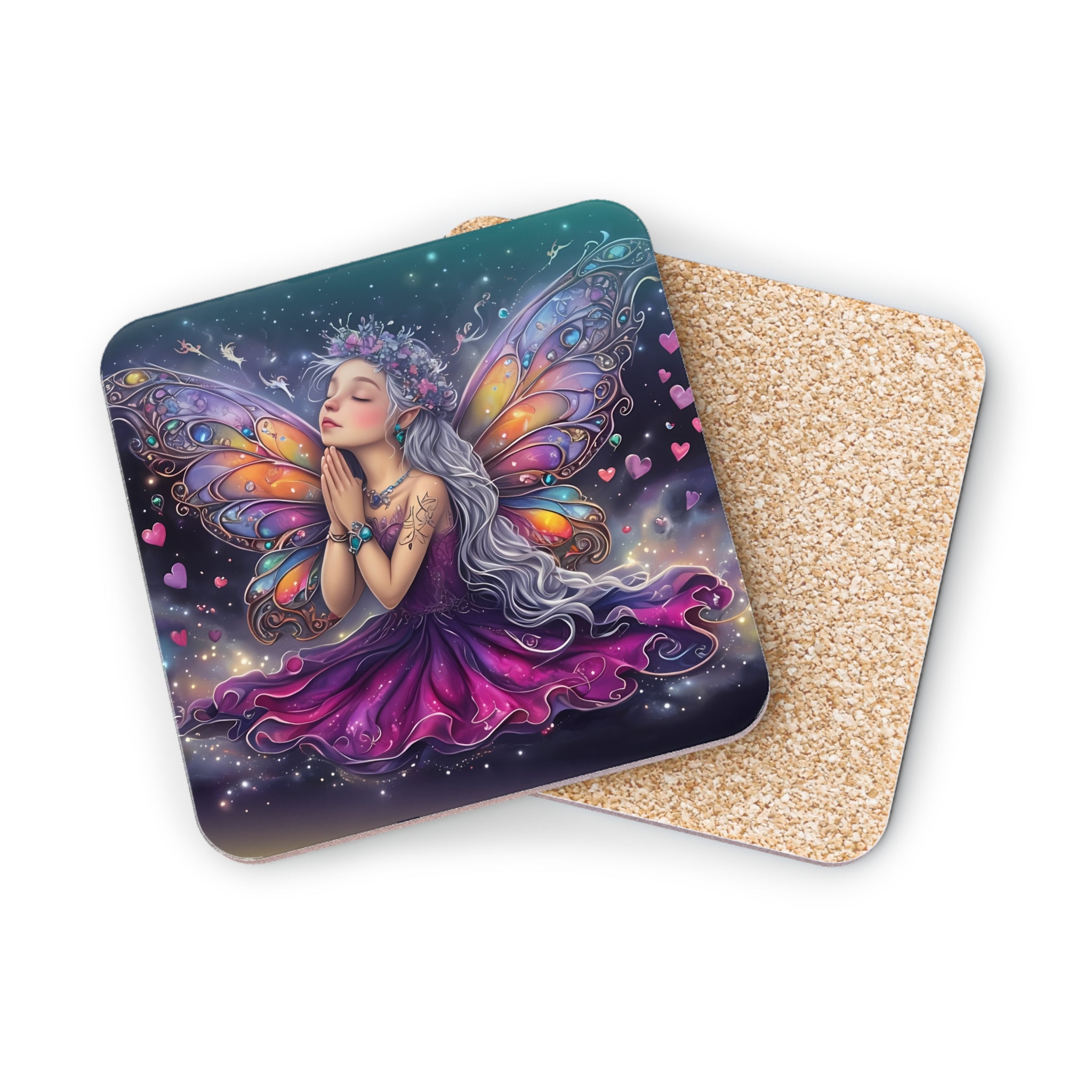Fairy with colorful wings and praying hands on a coaster.