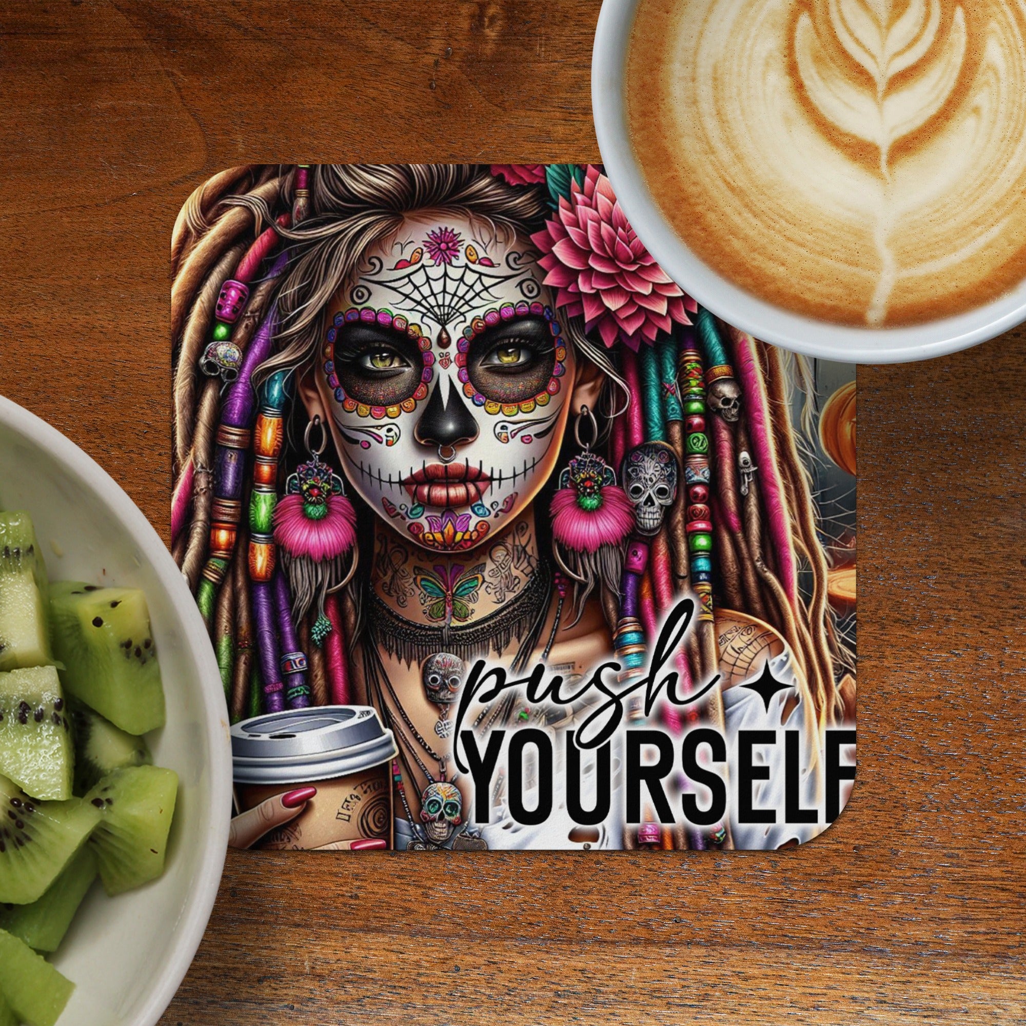 Woman with colorful skull face paint and dreadlocks, text "push yourself" on coaster.