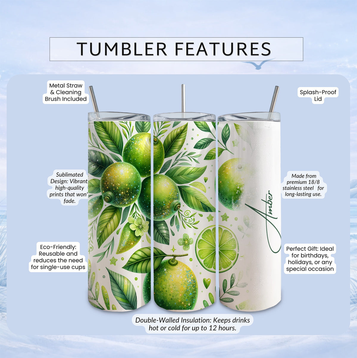Tumbler with green citrus fruit pattern and "Amber" name.
