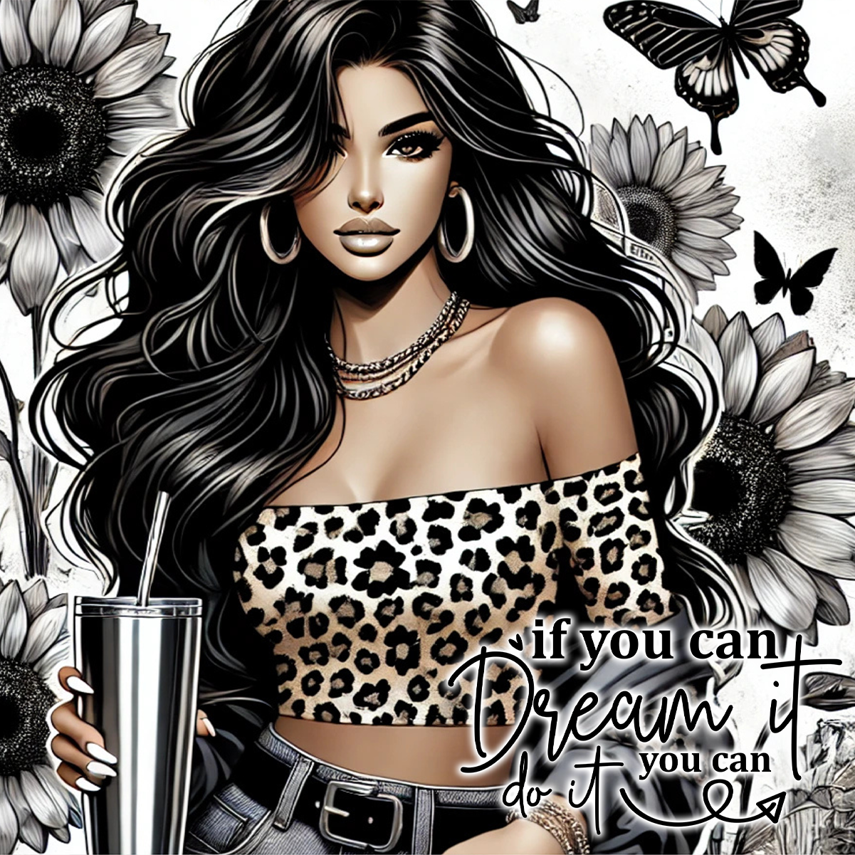Woman in leopard print top holds a silver tumbler with butterflies and sunflowers.