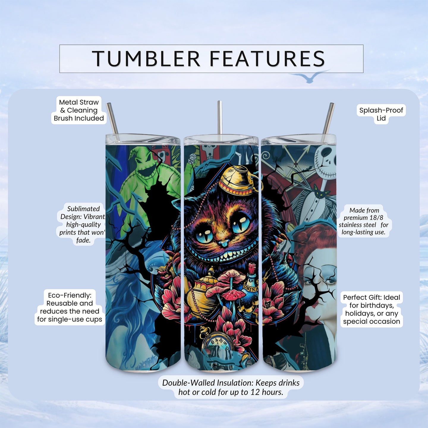 Tumbler with Alice in Wonderland characters, splash-proof lid, and insulation features.