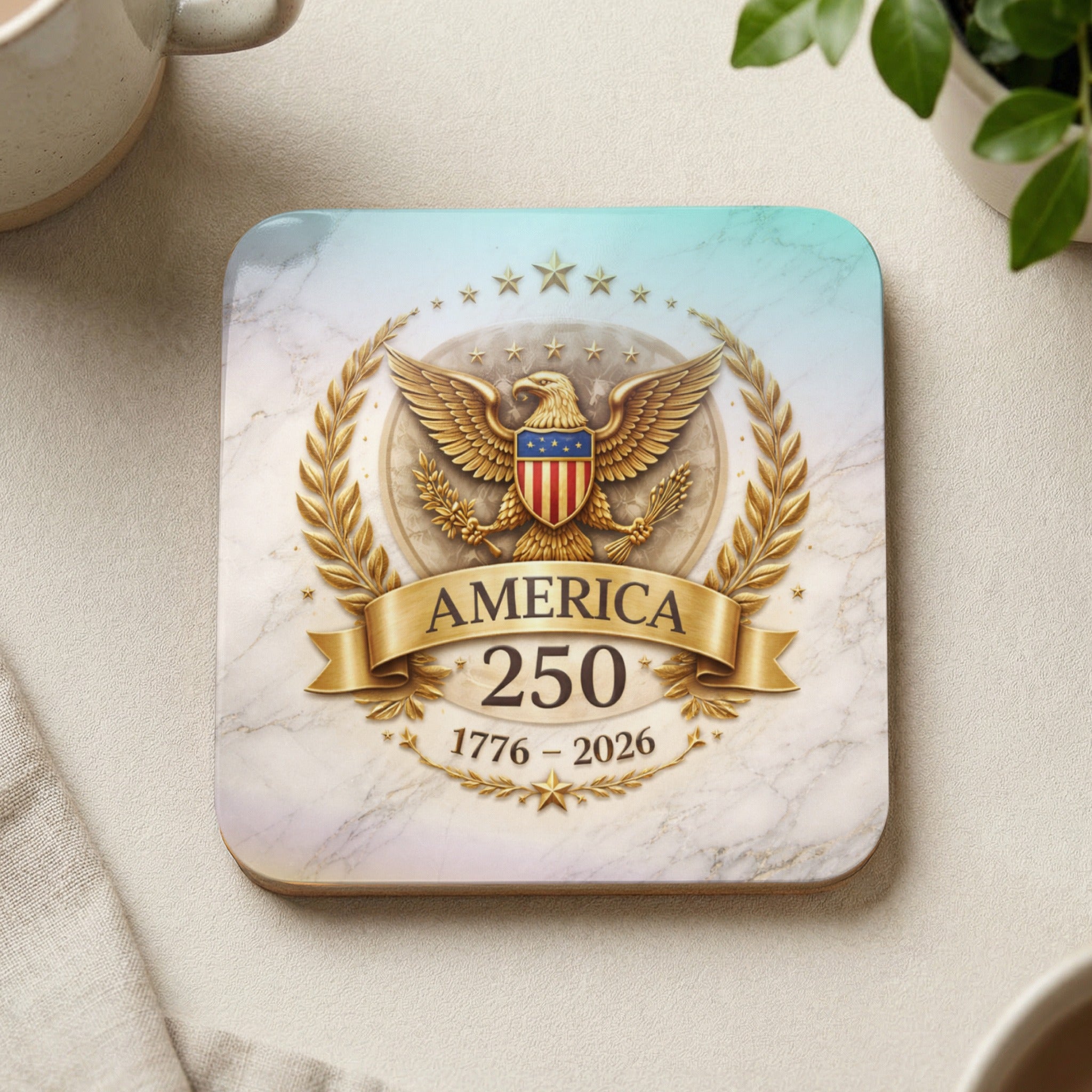 Coaster with "AMERICA 250 1776-2026" text and an eagle emblem on marble.