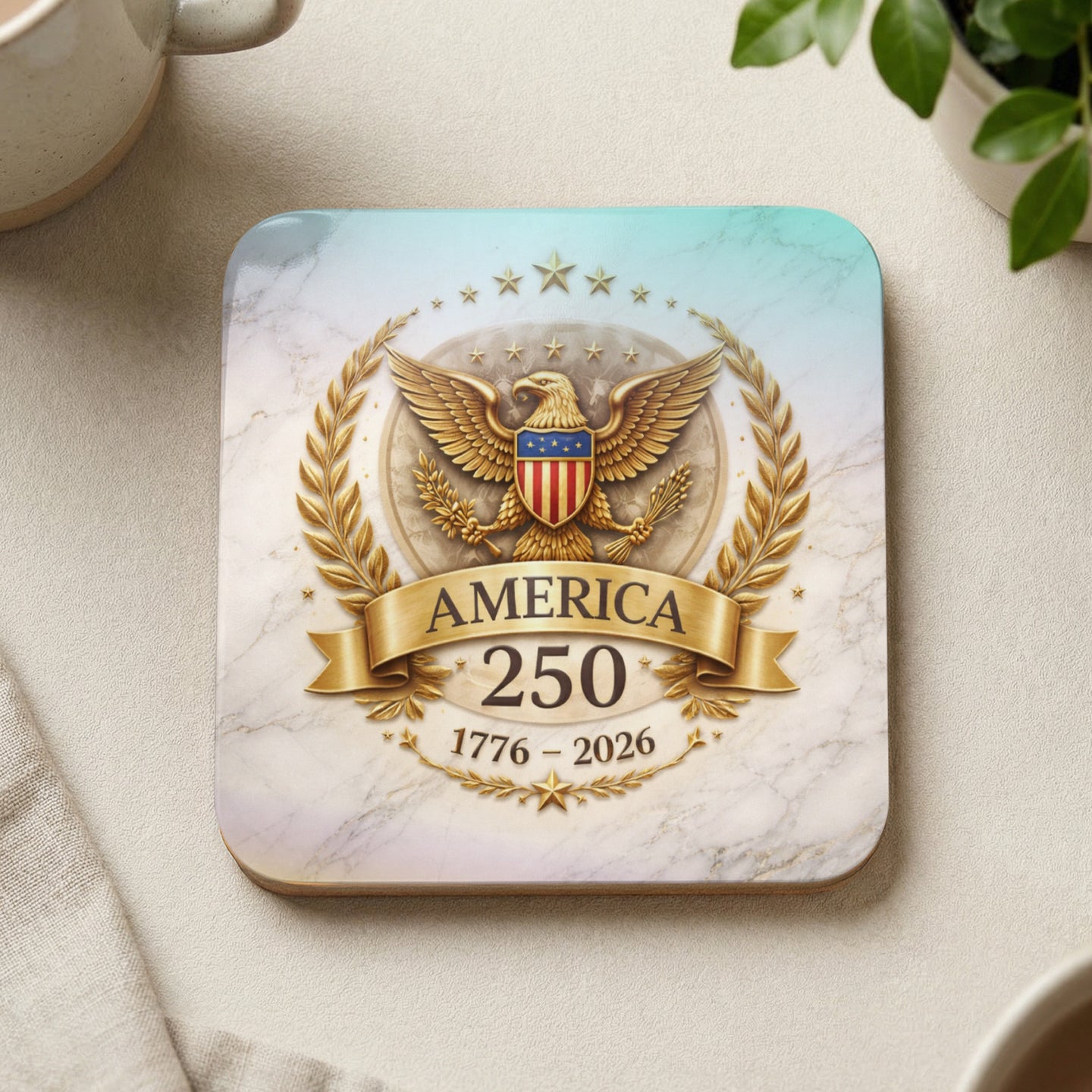 Coaster with "AMERICA 250 1776-2026" text and an eagle emblem on marble.