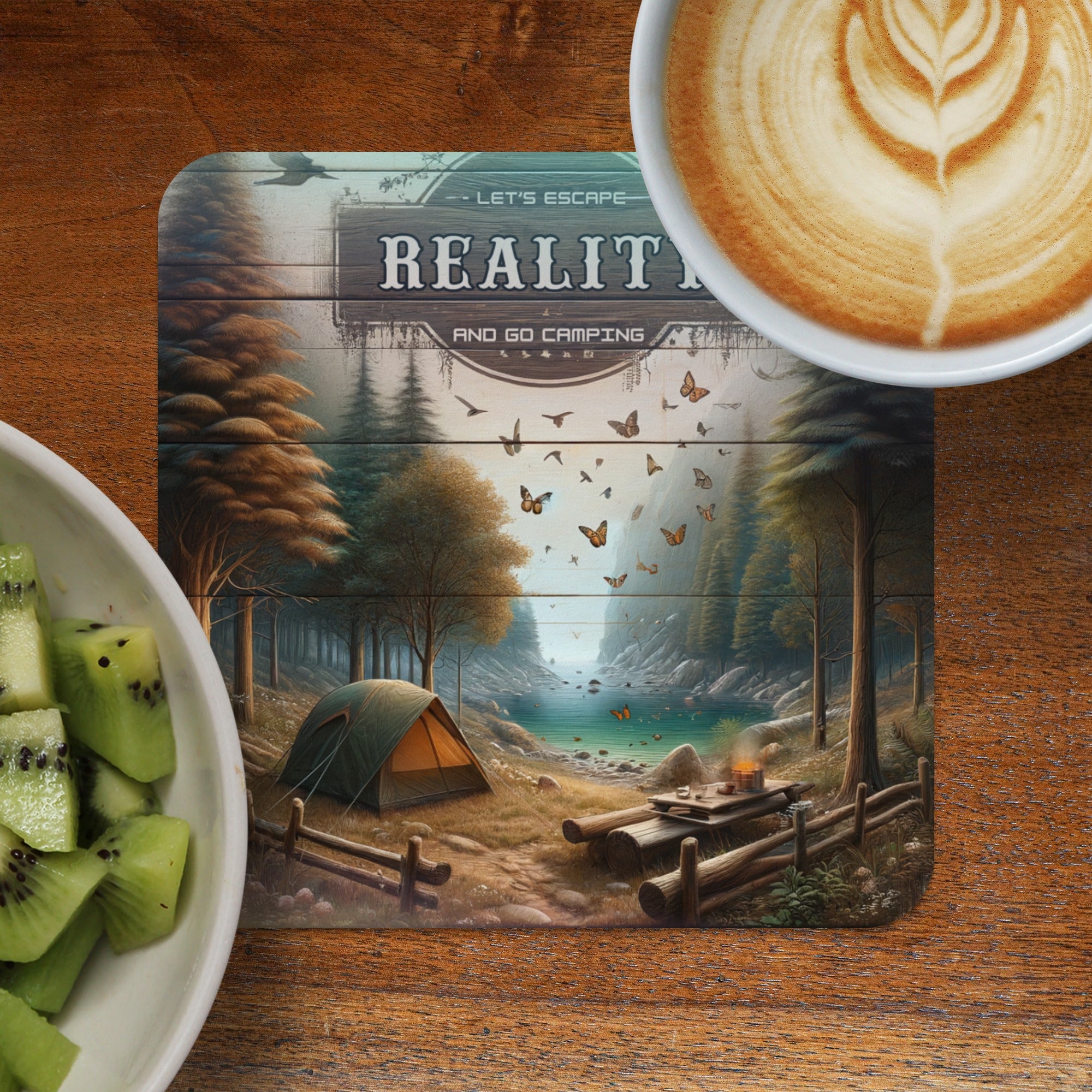 Camping scene with tent, lake, and forest, with "REALITY LET'S ESCAPE AND GO CAMPING" text.