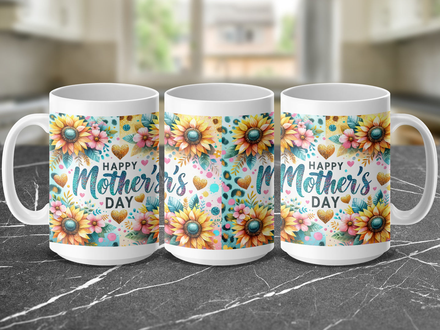 Three mugs with "Happy Mother's Day" text and floral designs.