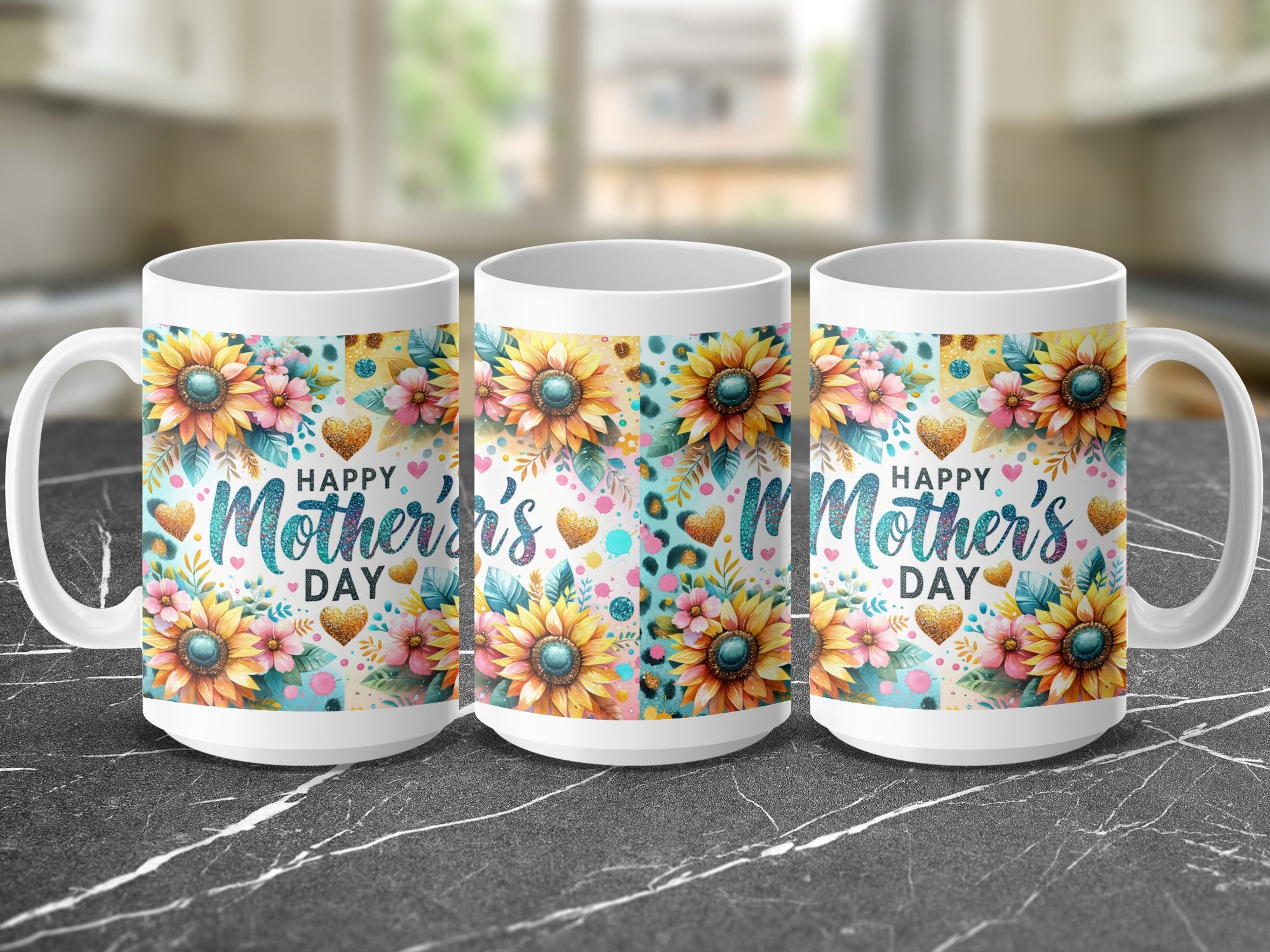 Three mugs with "Happy Mother's Day" text and floral designs.