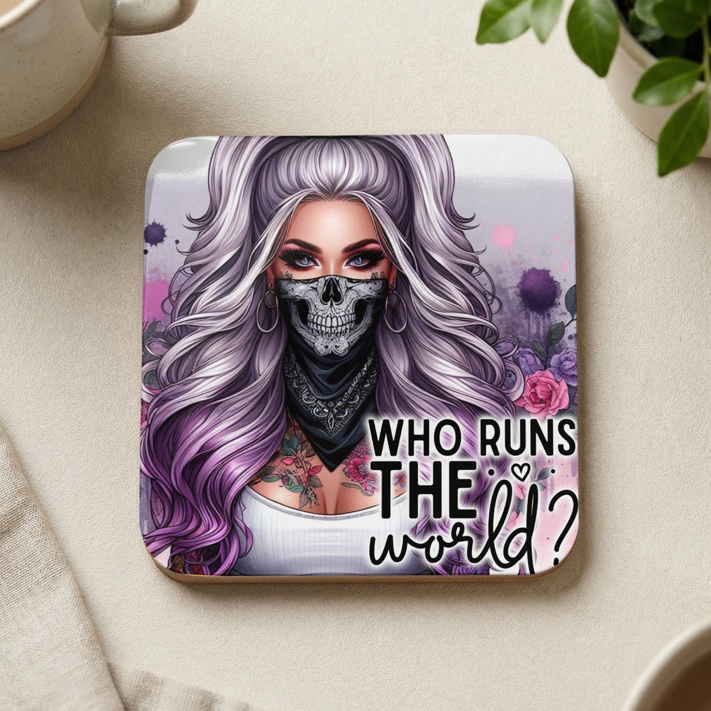 Woman with skull bandana mask and purple hair, "WHO RUNS THE WORLD?"