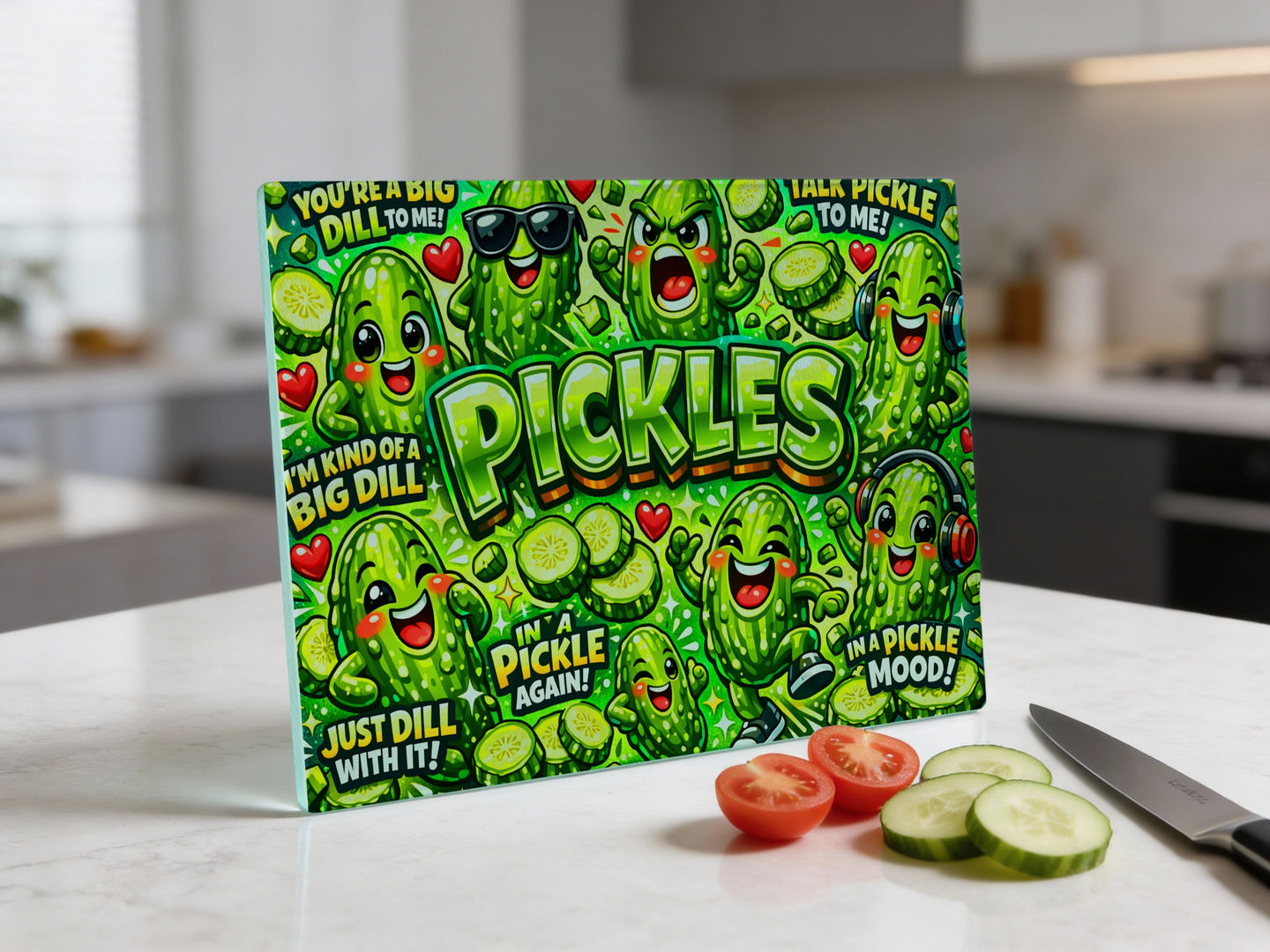 Cartoon pickles with text, "PICKLES," "YOU'RE A BIG DILL TO ME," and more.