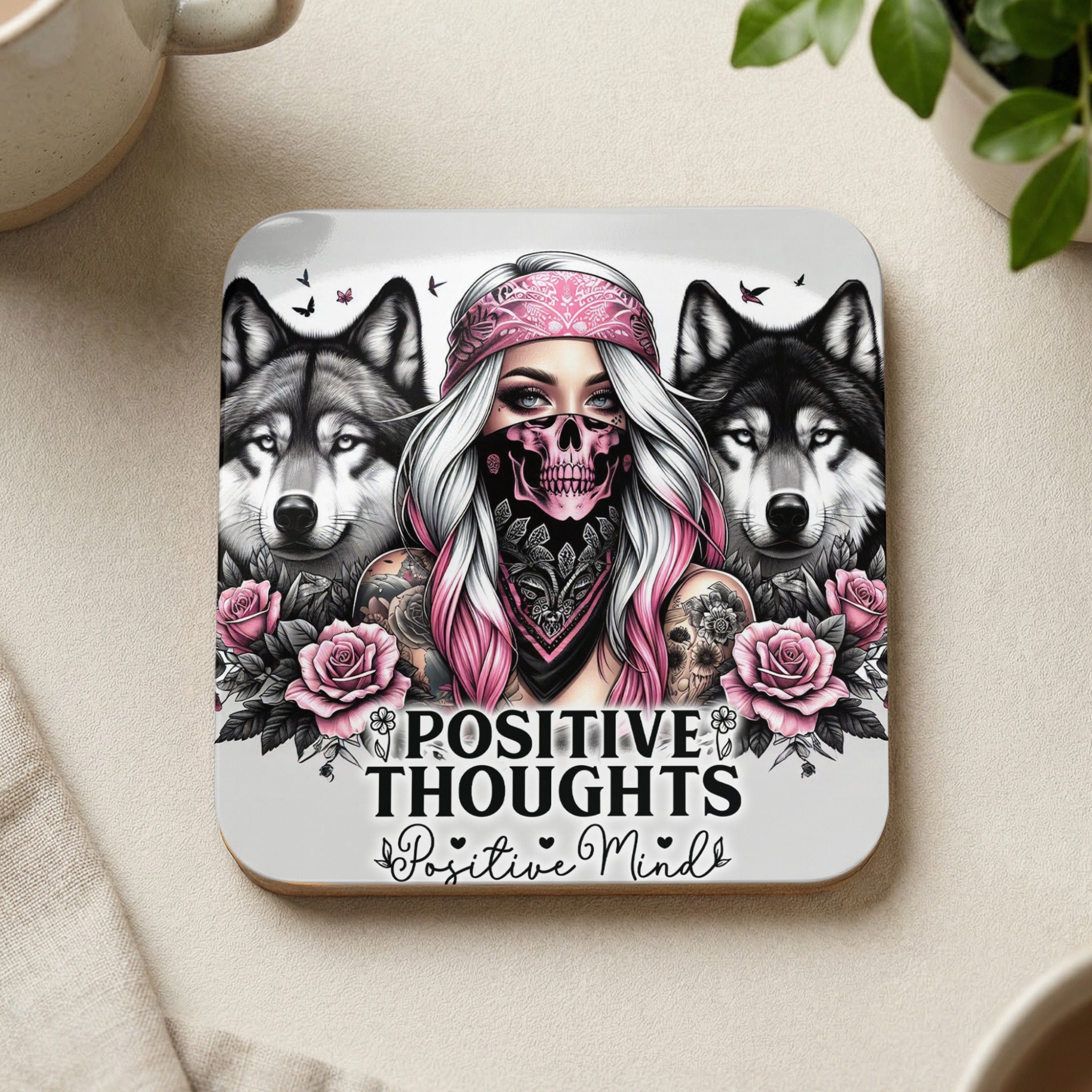 Woman with skull mask and wolves, "POSITIVE THOUGHTS" text.