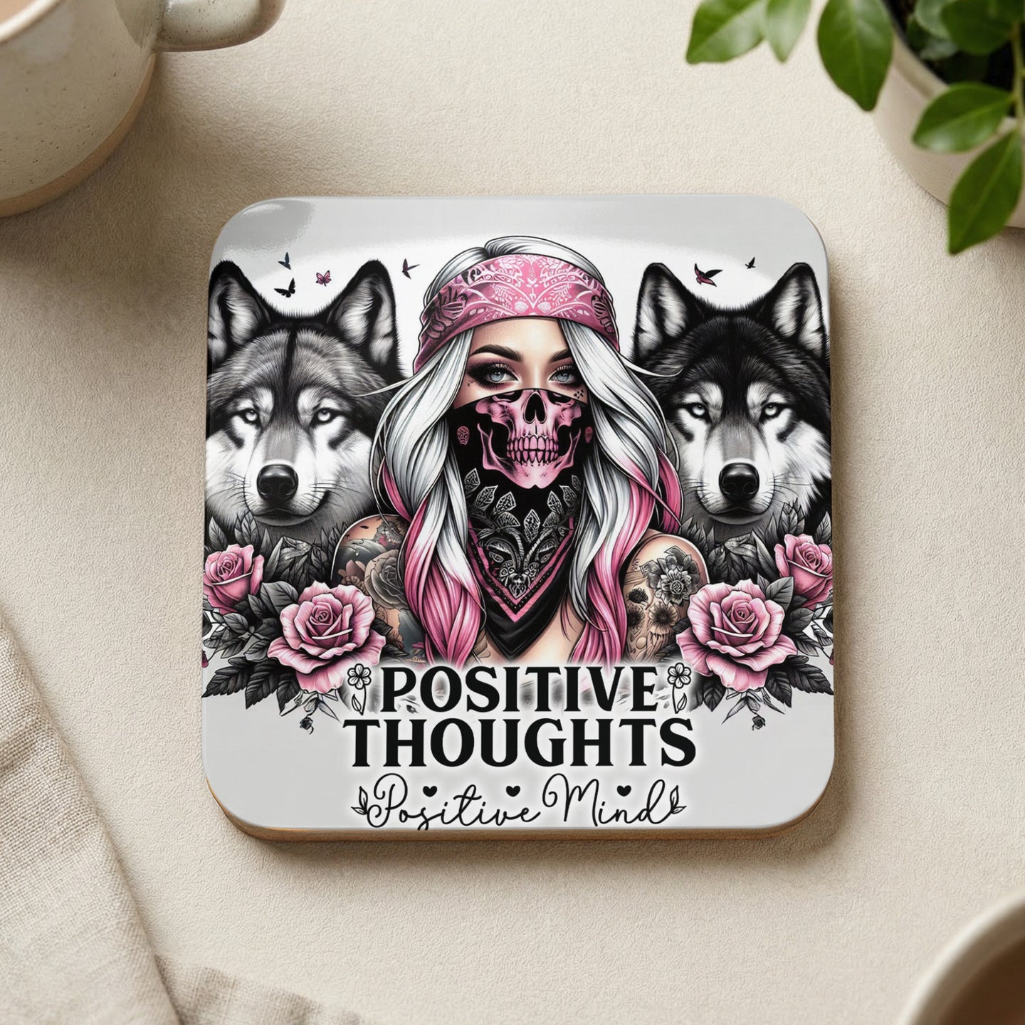 Woman with skull mask and wolves, "POSITIVE THOUGHTS" text.