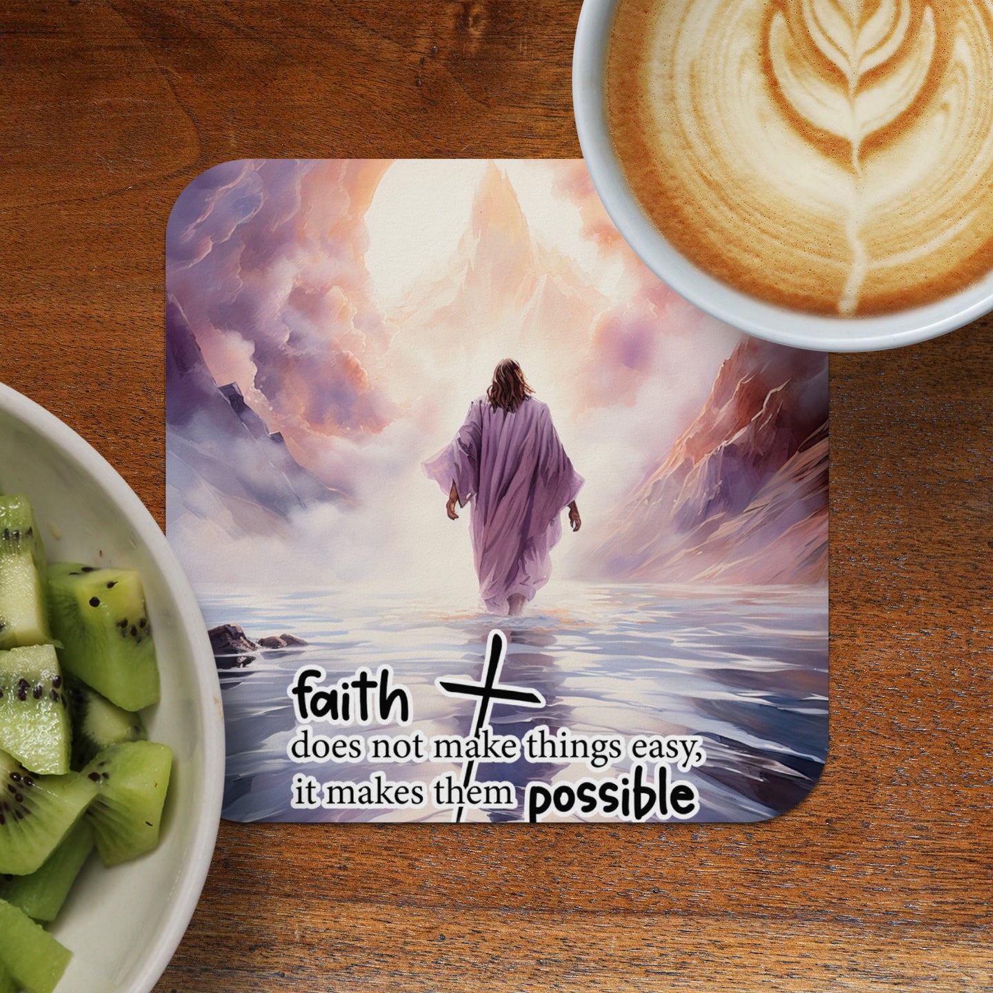 Jesus walking on water with inspirational text overlay.