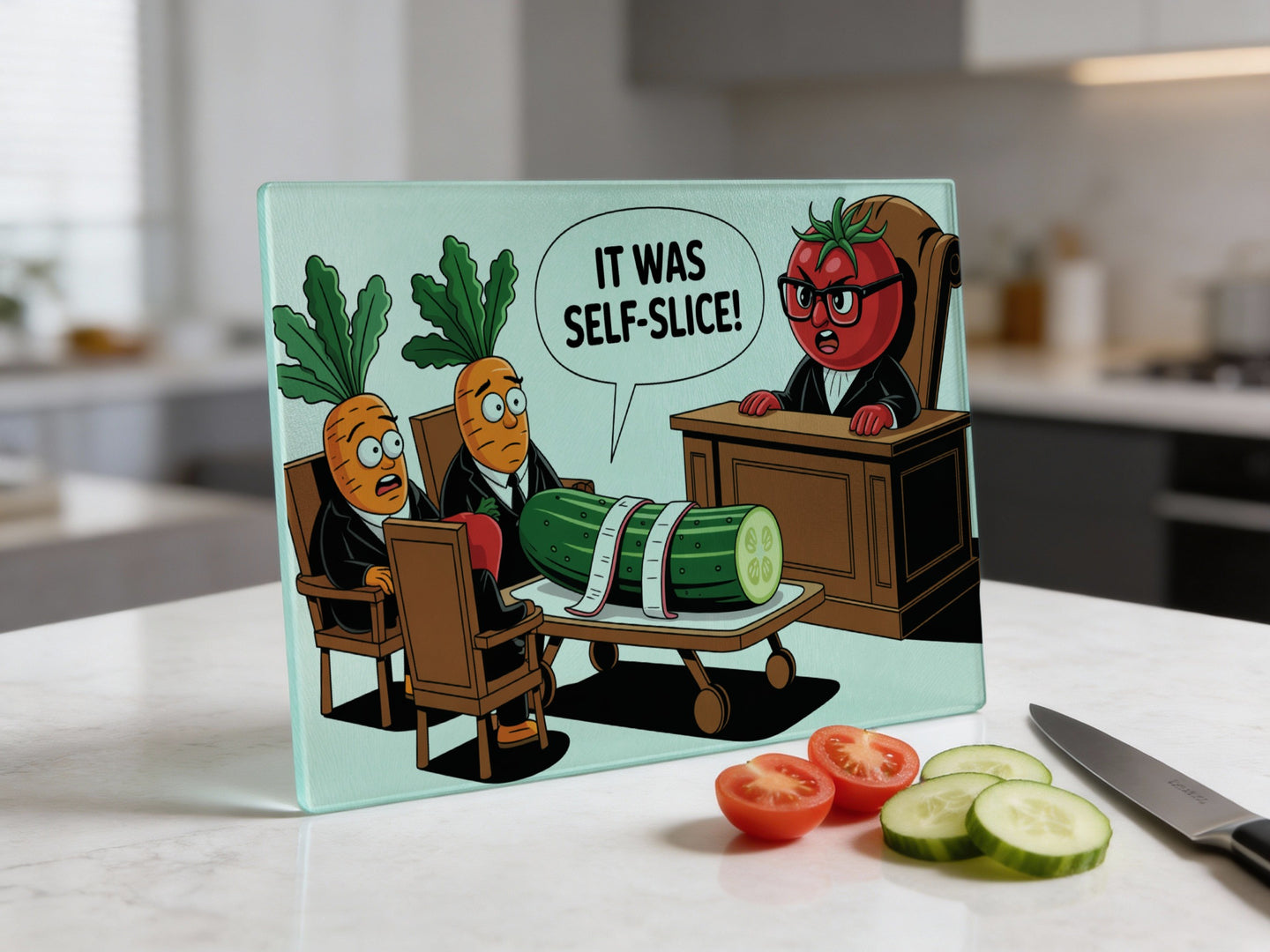 Cartoon of a tomato judge sentencing a cucumber in a courtroom with carrot witnesses.