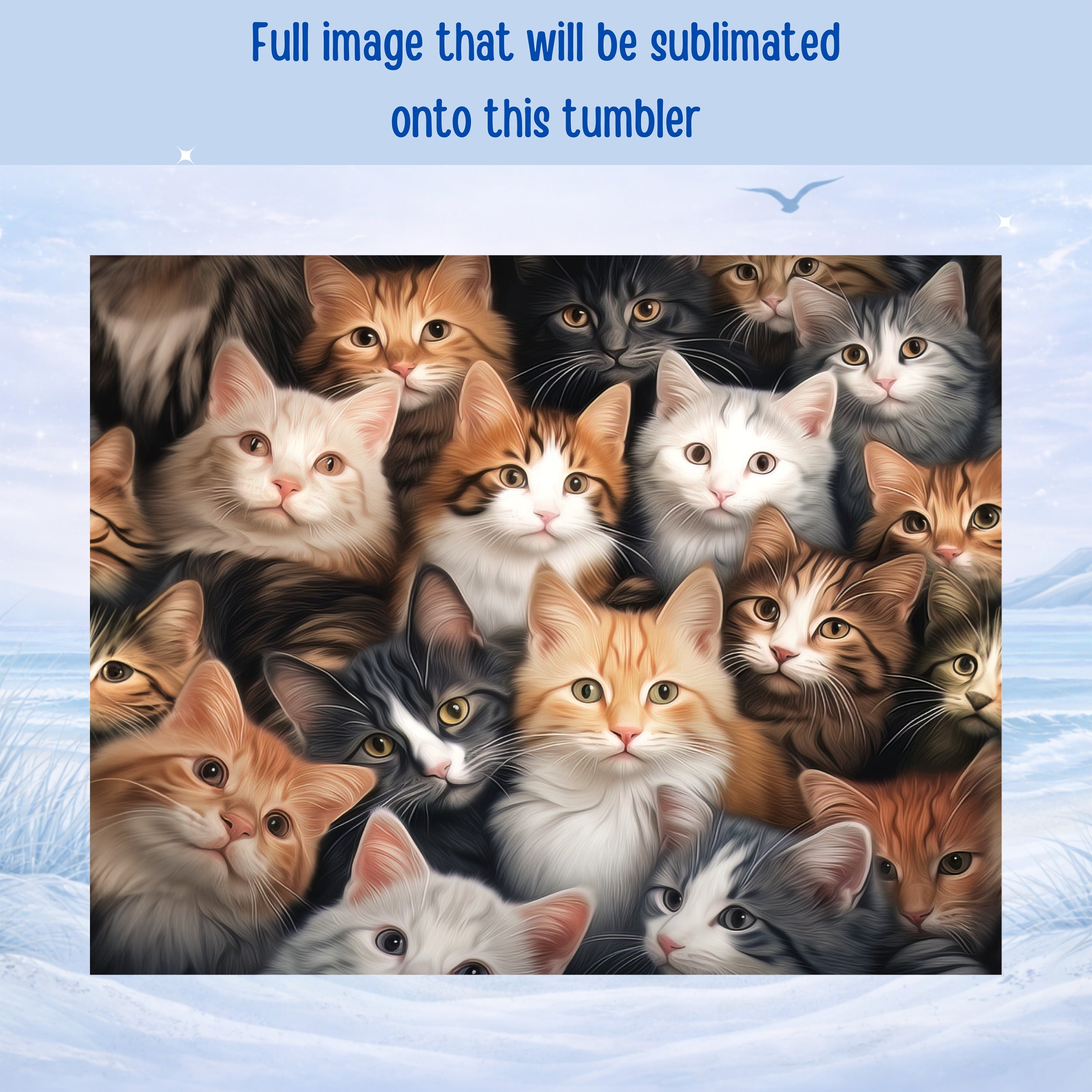 Collage of many fluffy cats with blue background.