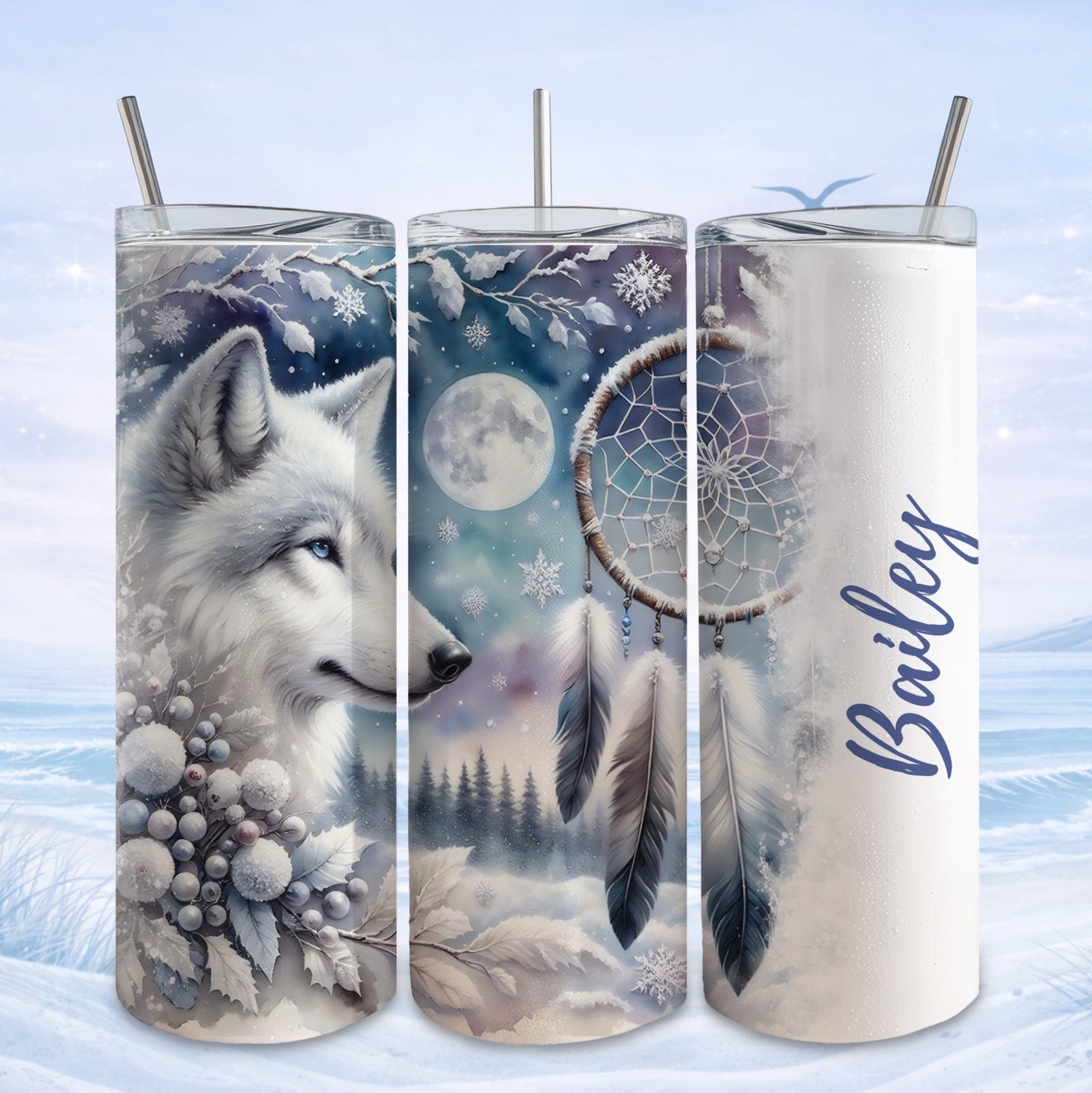 White wolf and dreamcatcher on a white tumbler with "Bailey" text.
