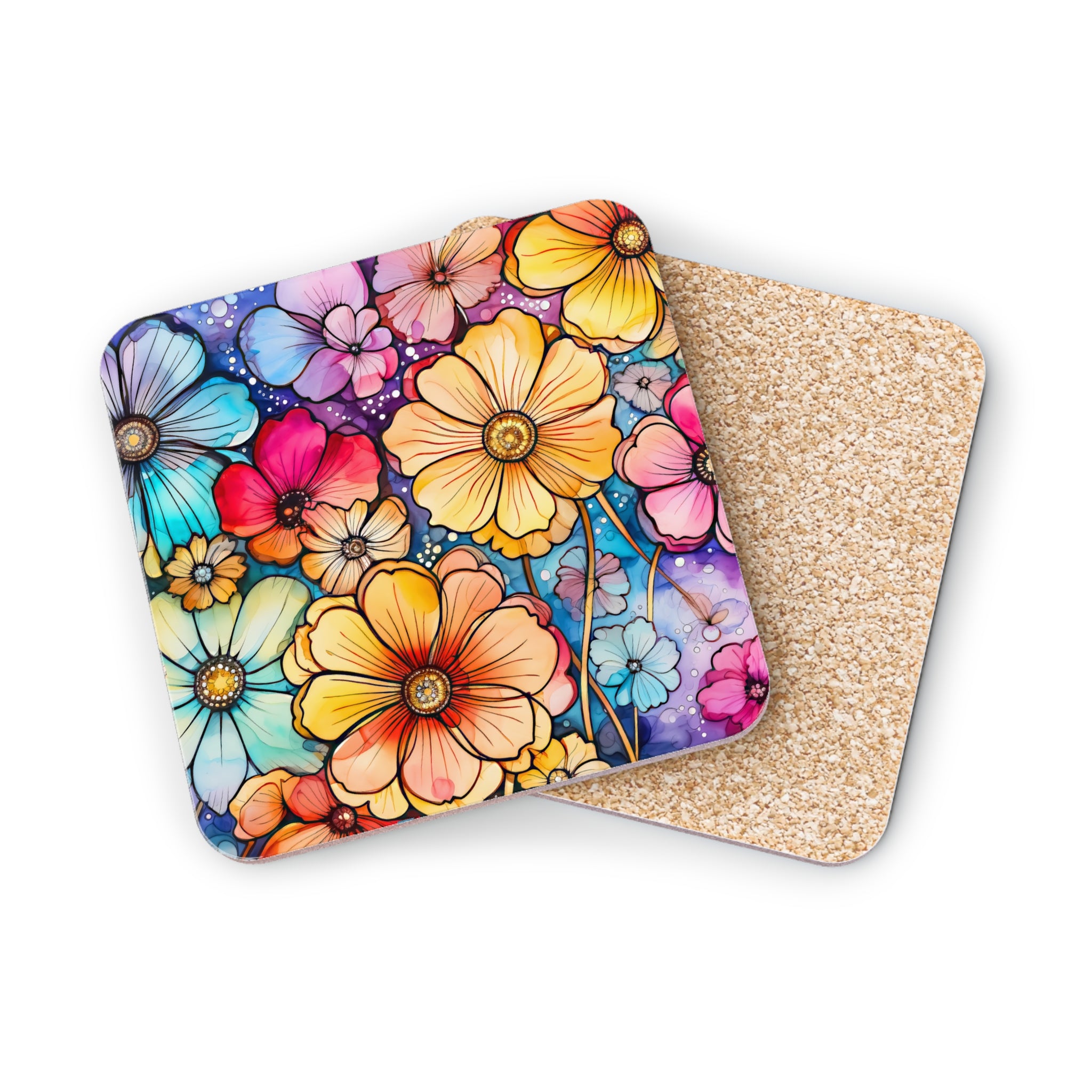 Two square coasters with colorful floral watercolor designs on cork backing.