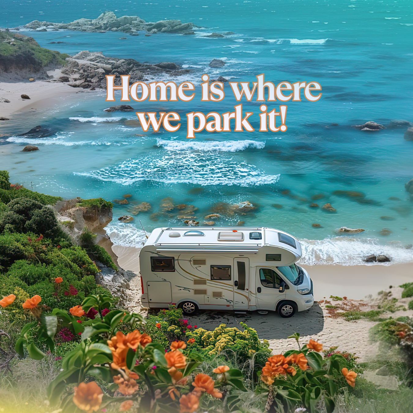 White RV parked on beach with ocean and floral foreground.