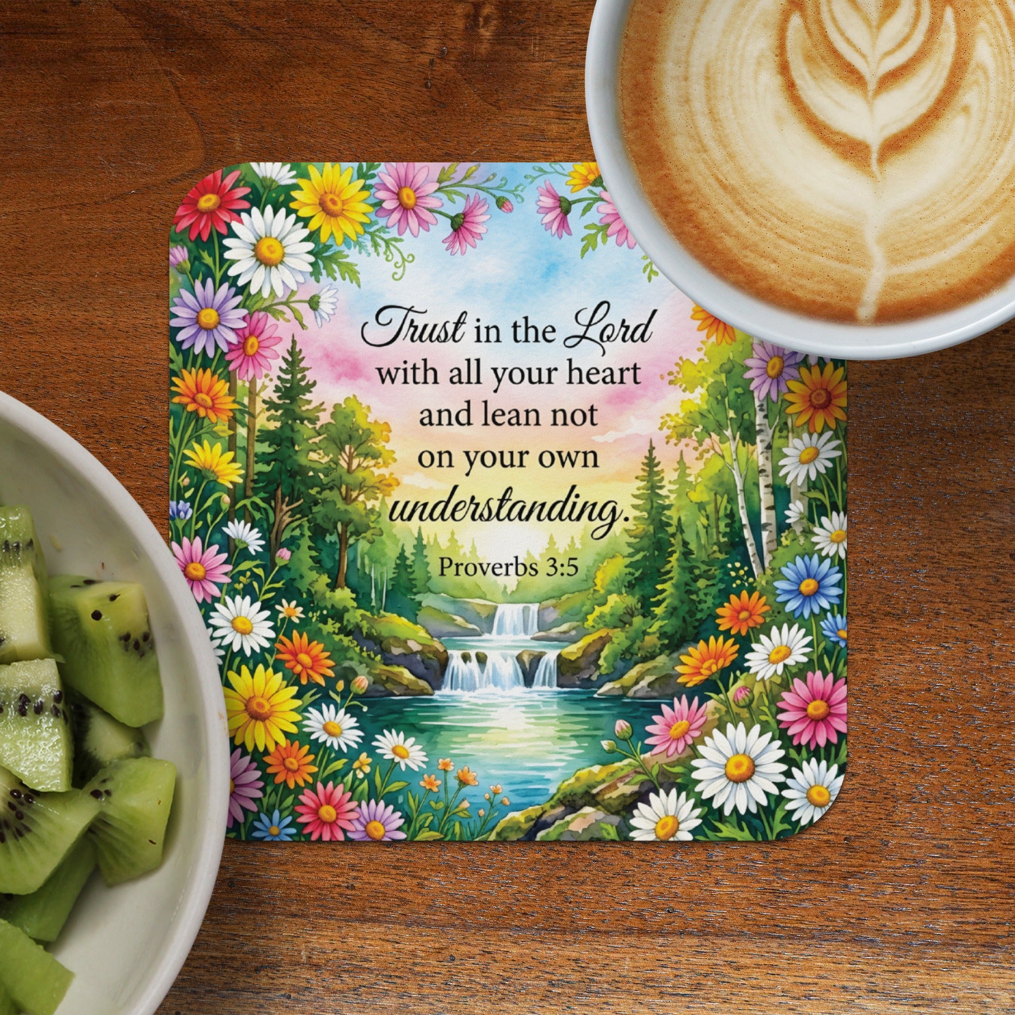 Floral landscape coaster with Bible verse Proverbs 3:5.