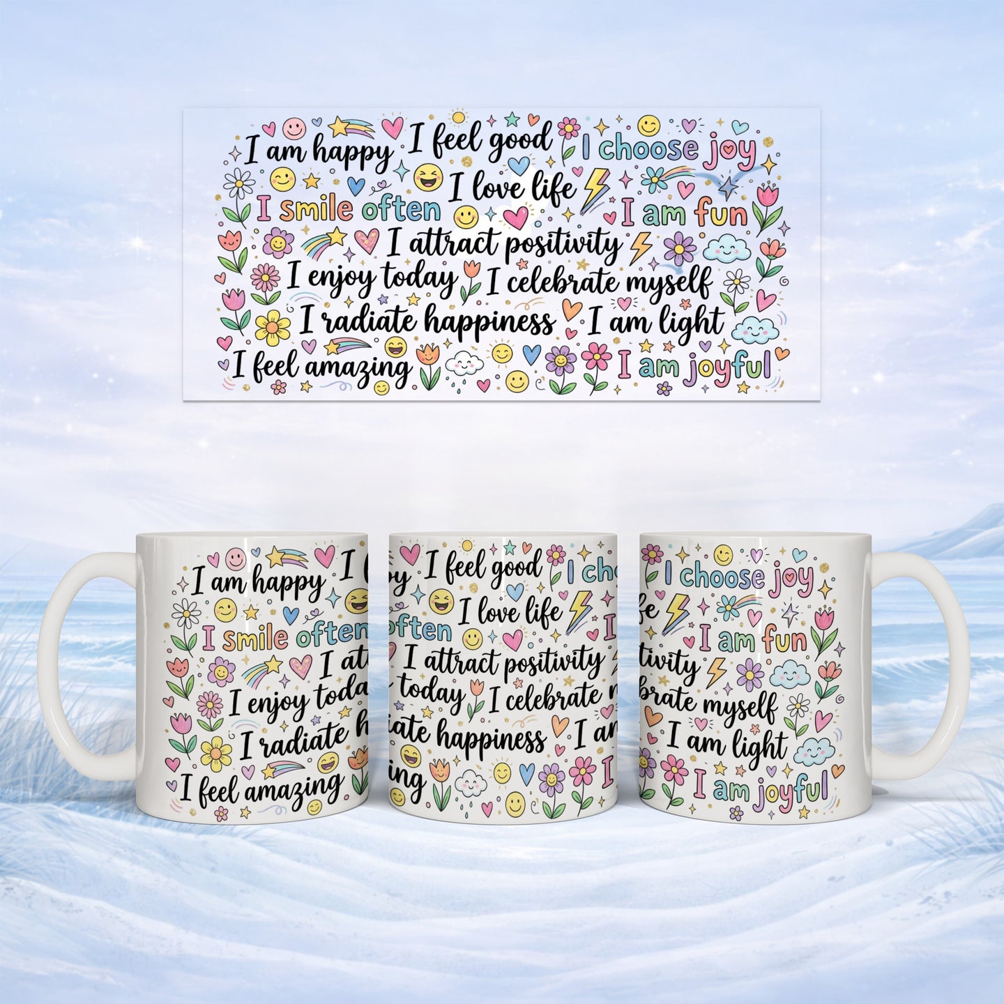 Three white mugs featuring colorful text and floral designs about positive affirmations.