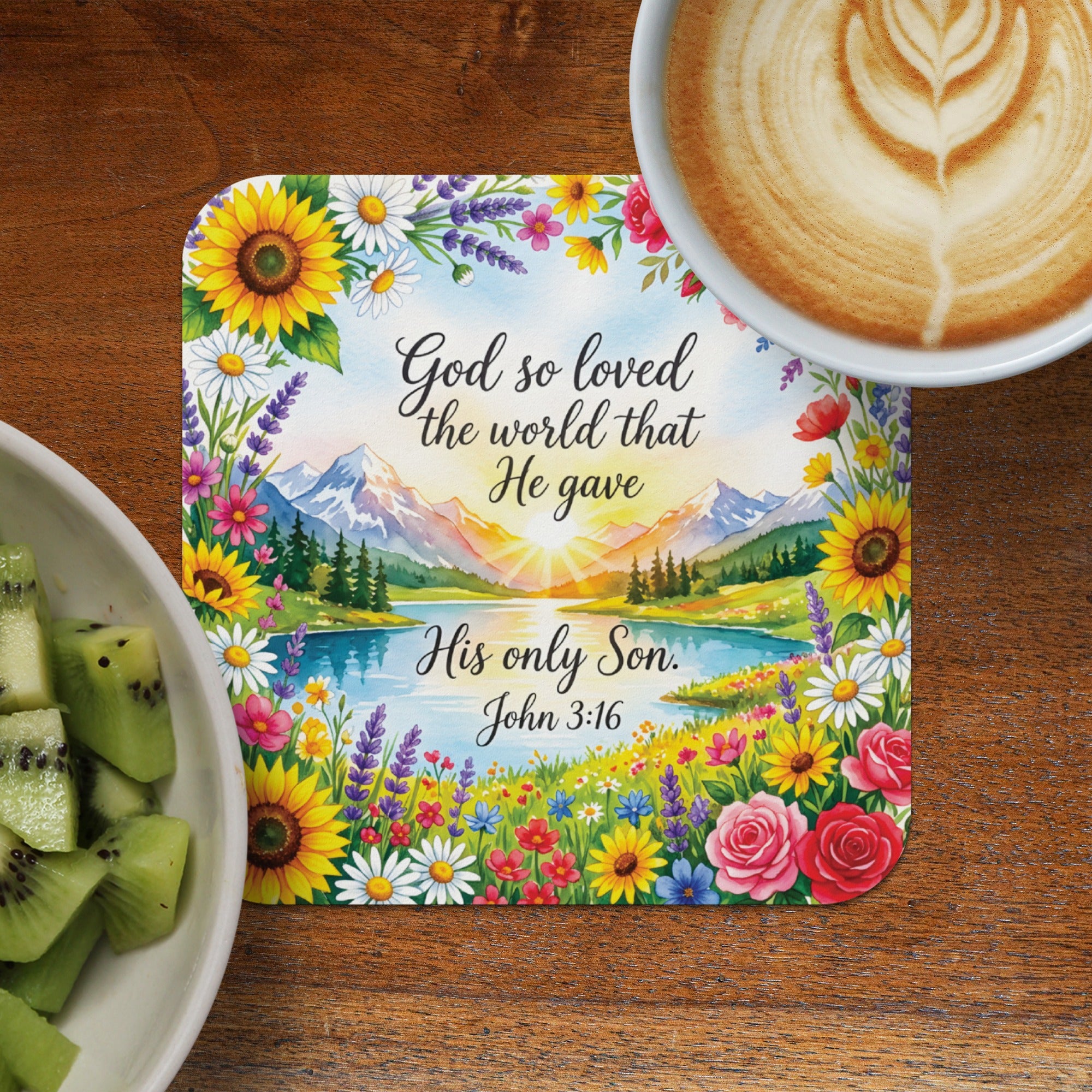 Floral coaster with Bible verse "God so loved the world He gave His only Son, John 3:16".
