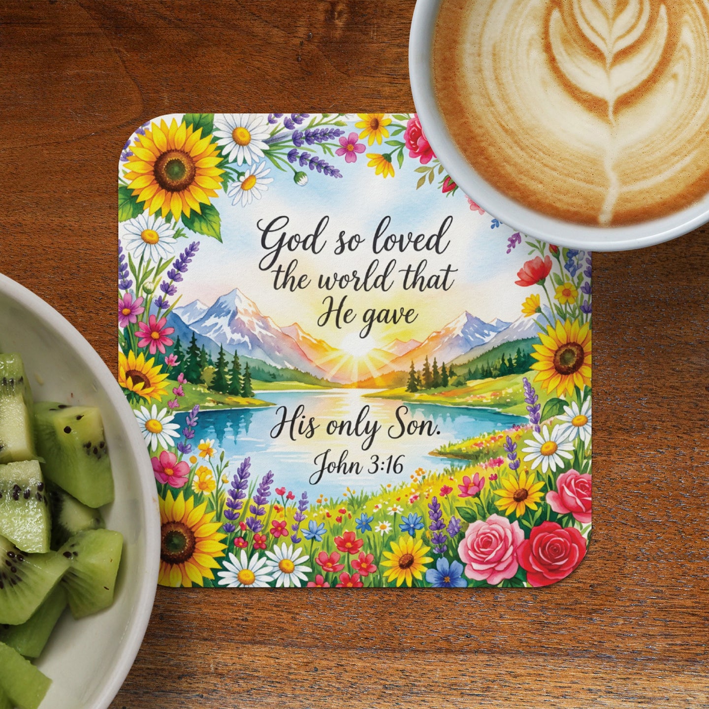 Floral coaster with Bible verse "God so loved the world He gave His only Son, John 3:16".