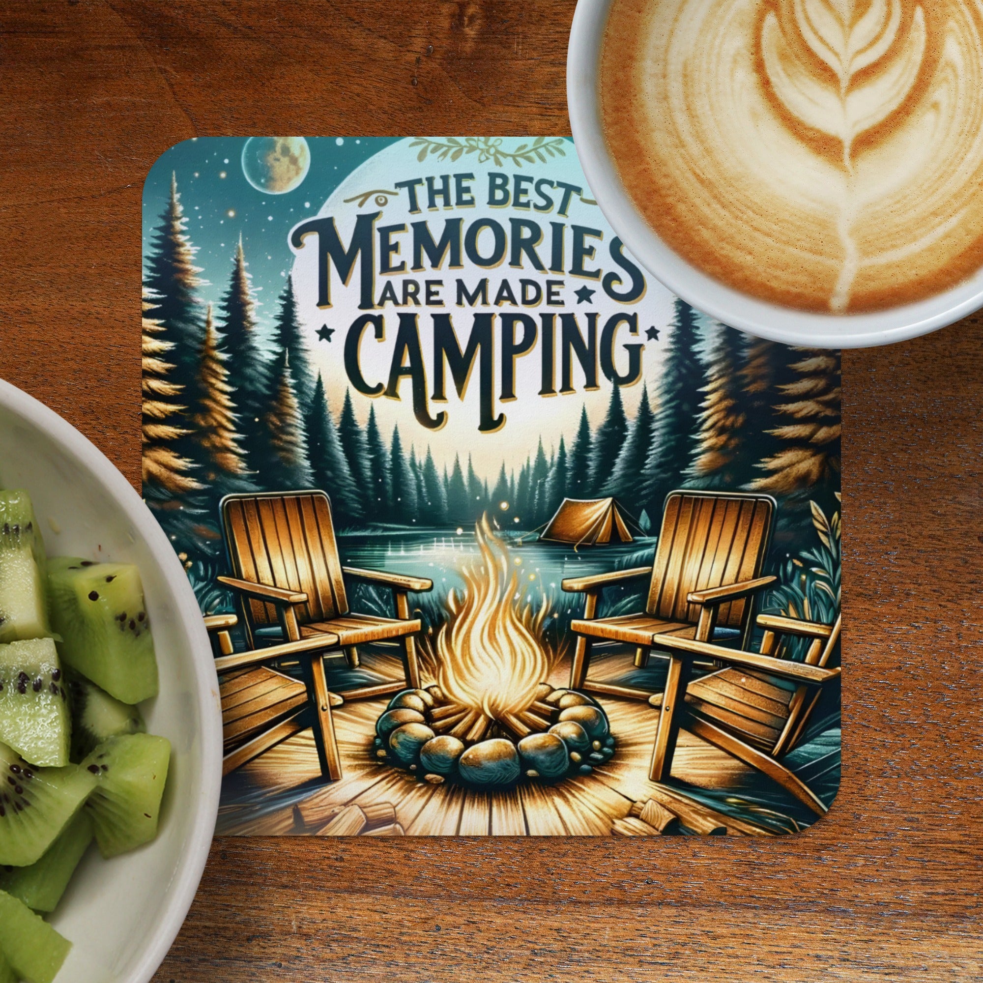 Camping-themed coaster with campfire, chairs, tent, and moonlit forest scene.