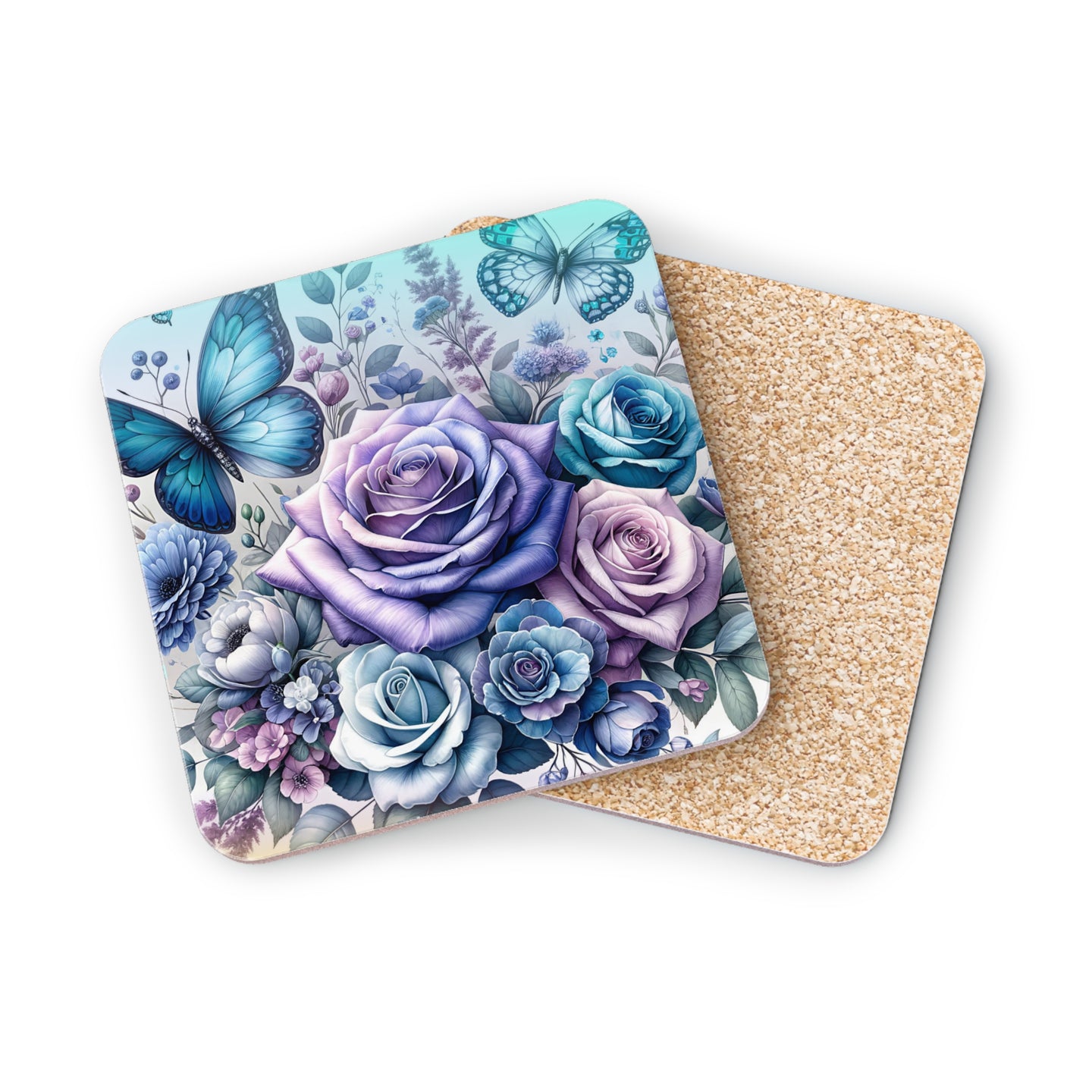 Blue butterflies and purple roses on round coasters.