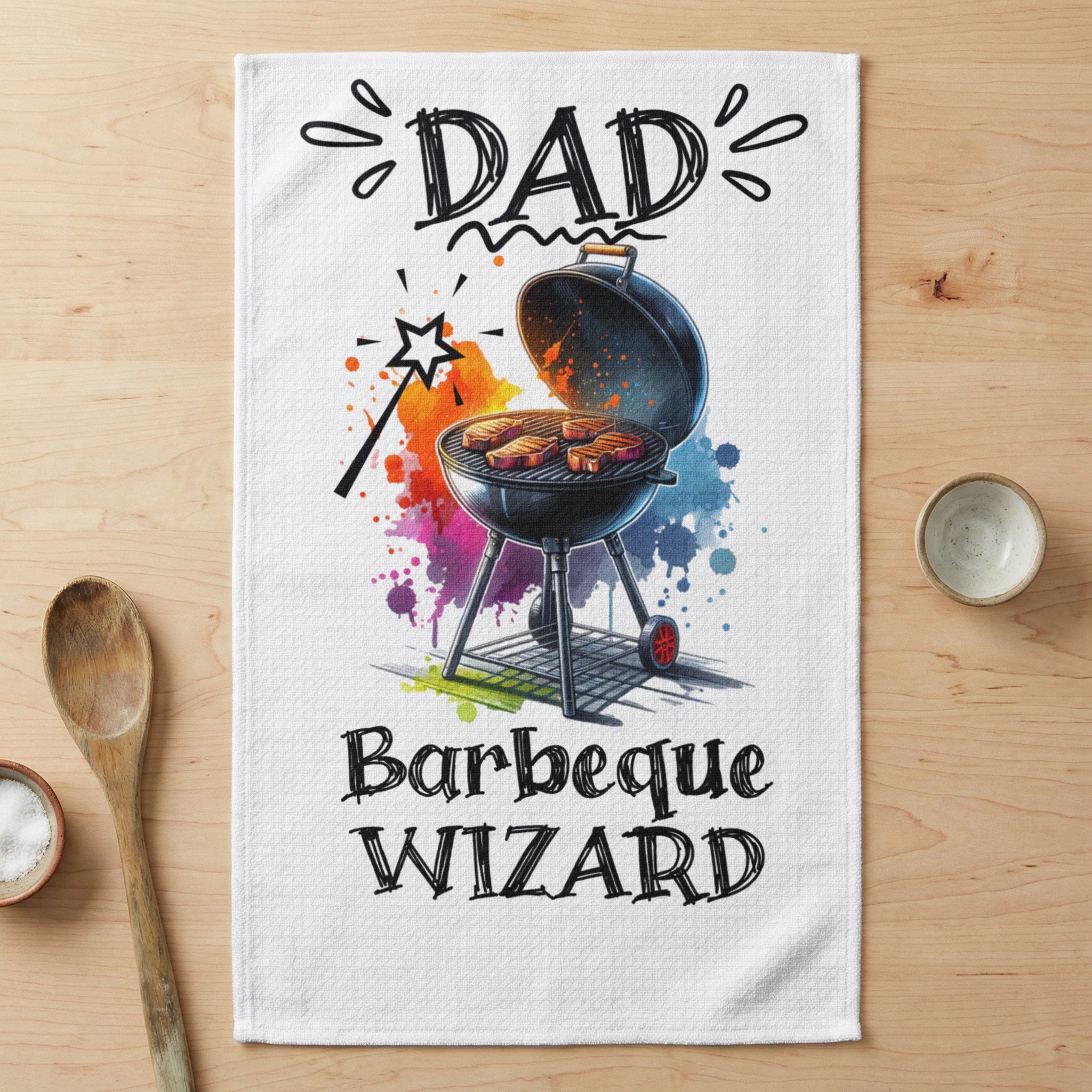 Barbeque wizard text above a colorful grill with steaks.