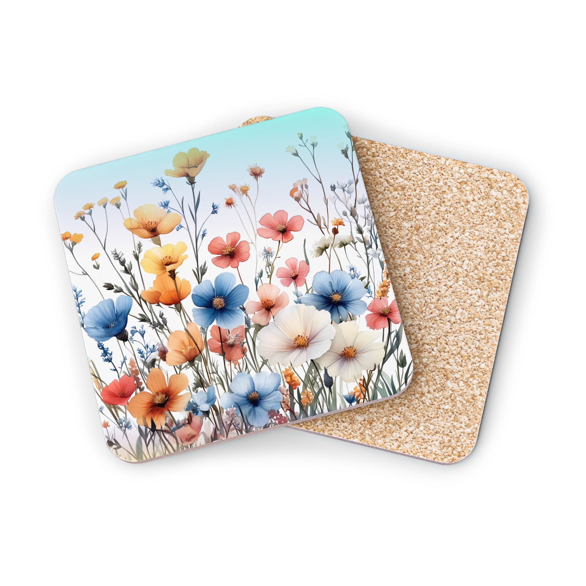 Coasters featuring a watercolor floral design on a light blue sky background.