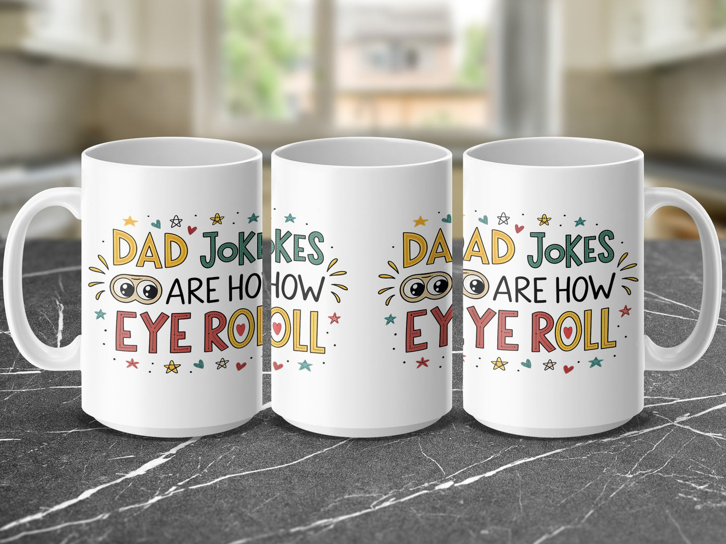 Three white mugs with "Dad Jokes Are How Eye Roll" text and colorful drawings.