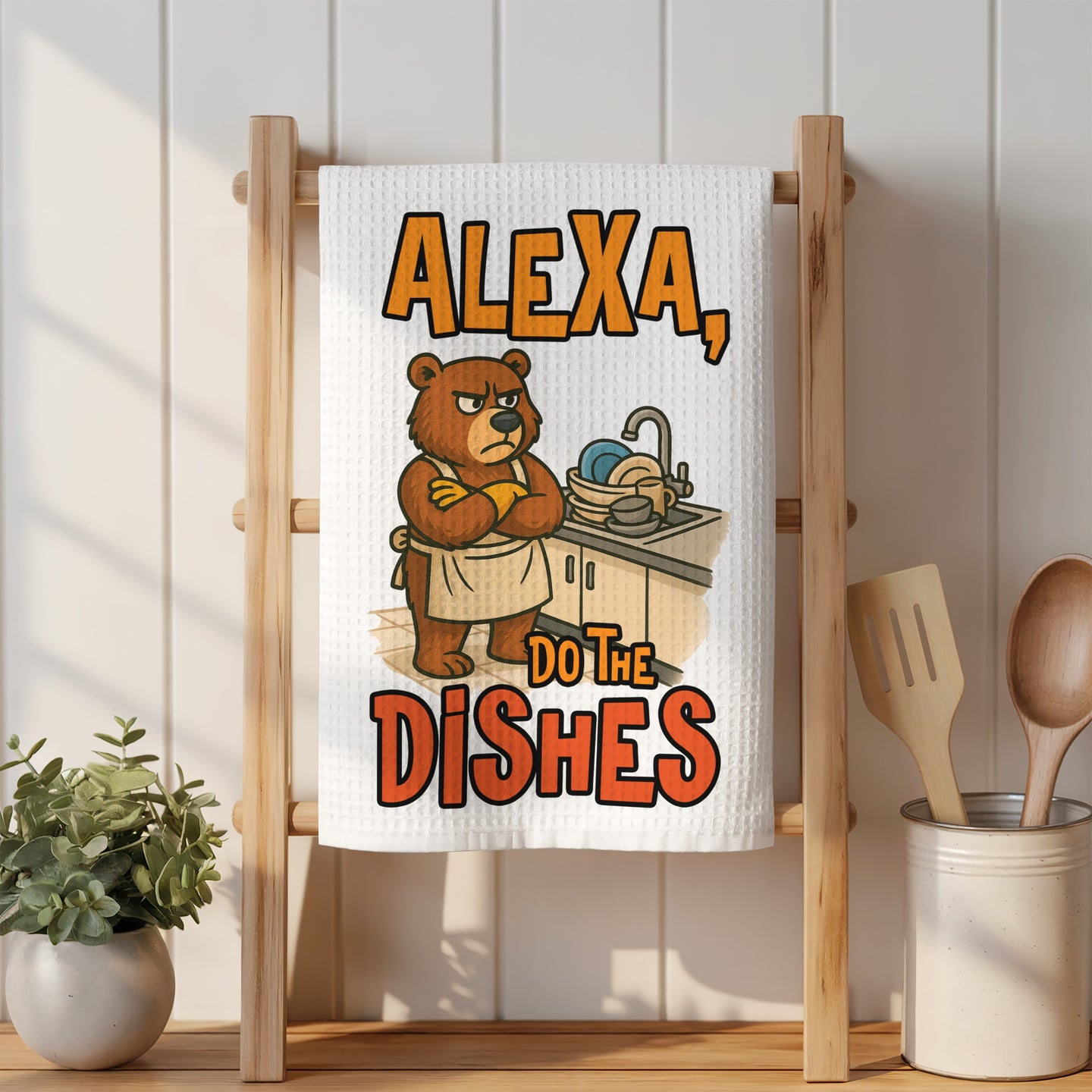 Bear in apron with crossed arms and text "Alexa, Do the Dishes".