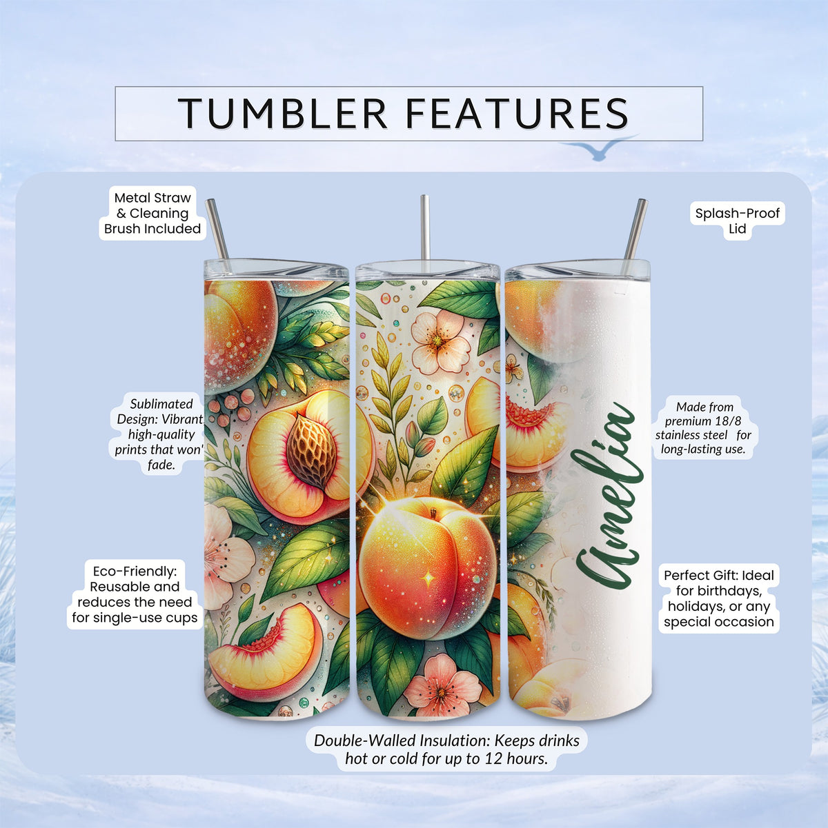 Peach-themed tumbler with "Amelia" personalization, featuring sublimation prints and insulation.