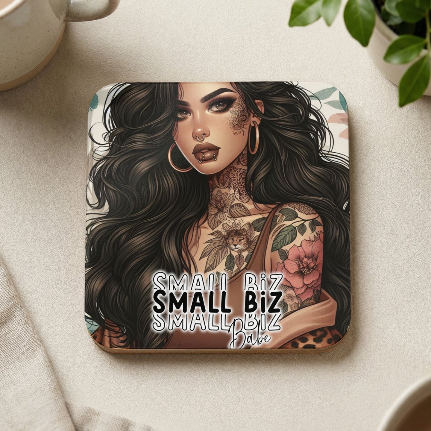 Coaster featuring a tattooed woman and "SMALL BIZ SMALL BIZ Babe" text.
