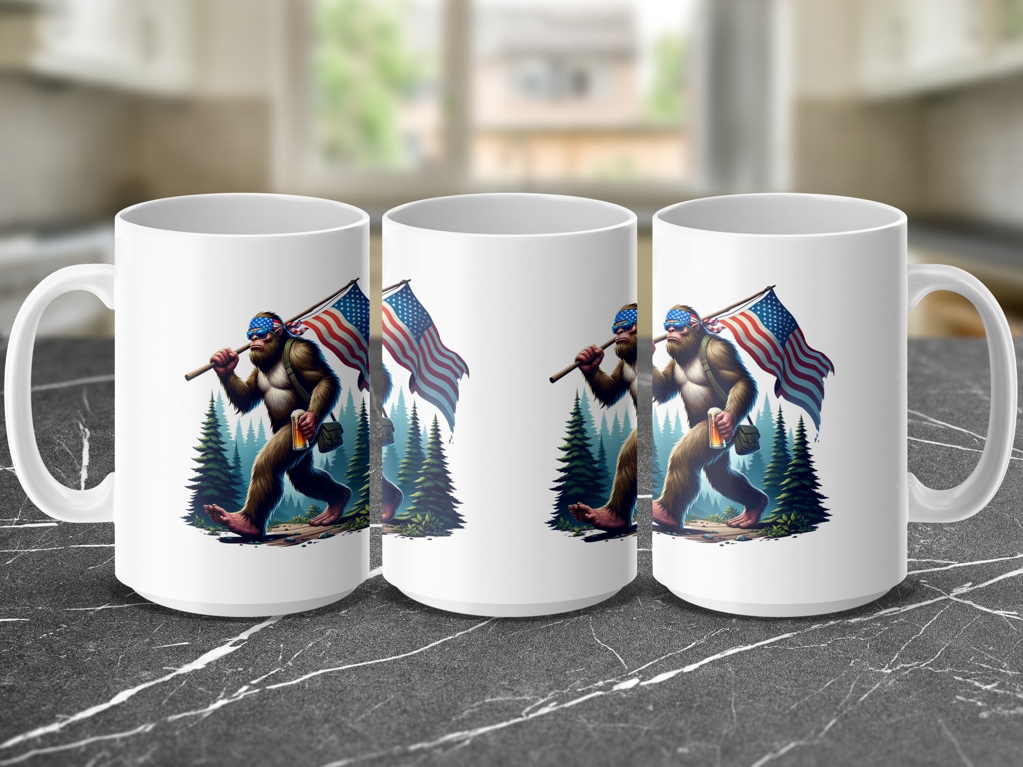 Bigfoot holding an American flag and a drink, walking through a forest.