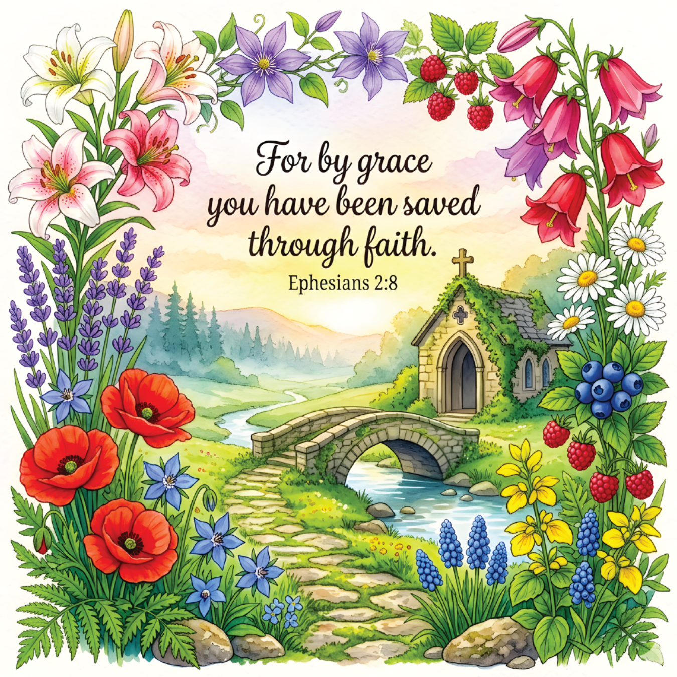 Floral border surrounds a small chapel and stone bridge over a creek with Bible verse.