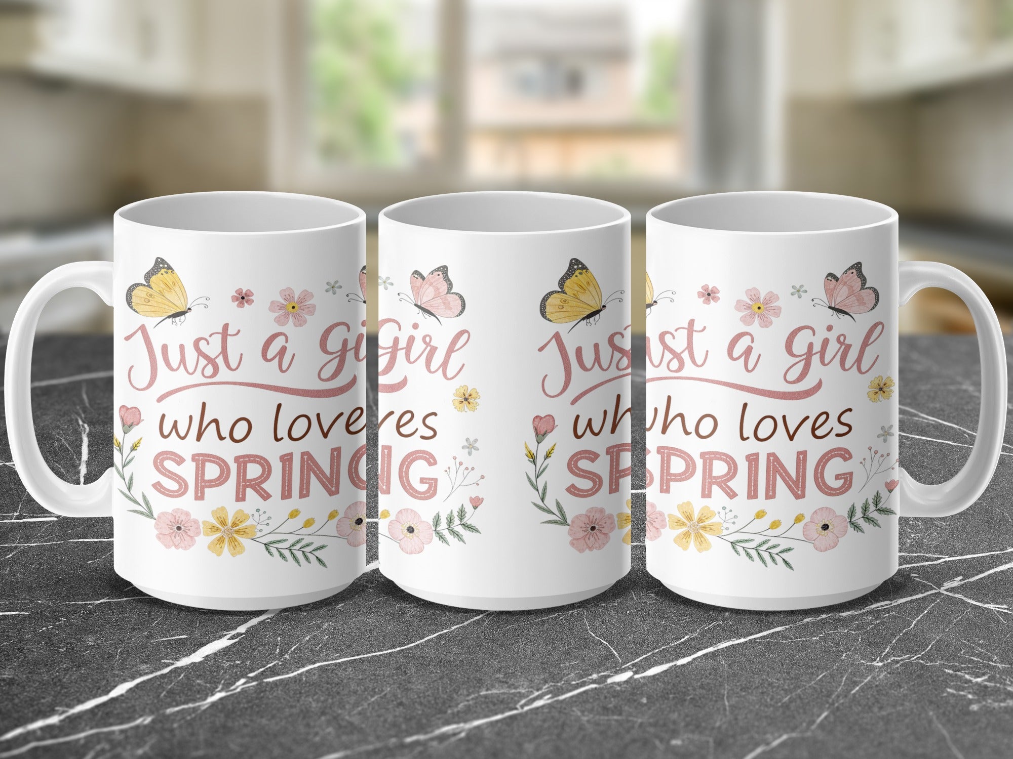 Three white mugs with "Just a girl who loves spring" text and floral accents.
