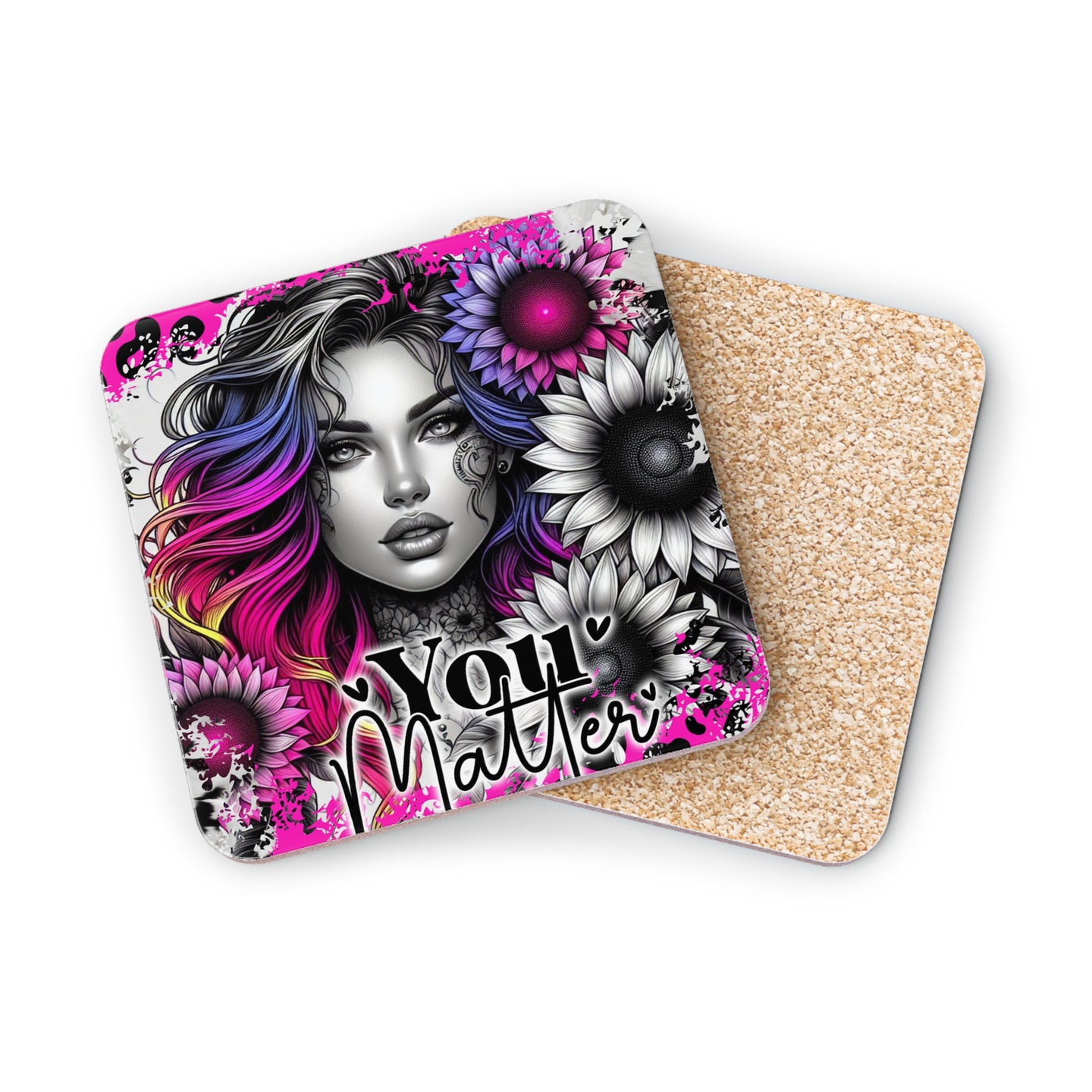 Coaster featuring woman with colorful hair and "You Matter" text.