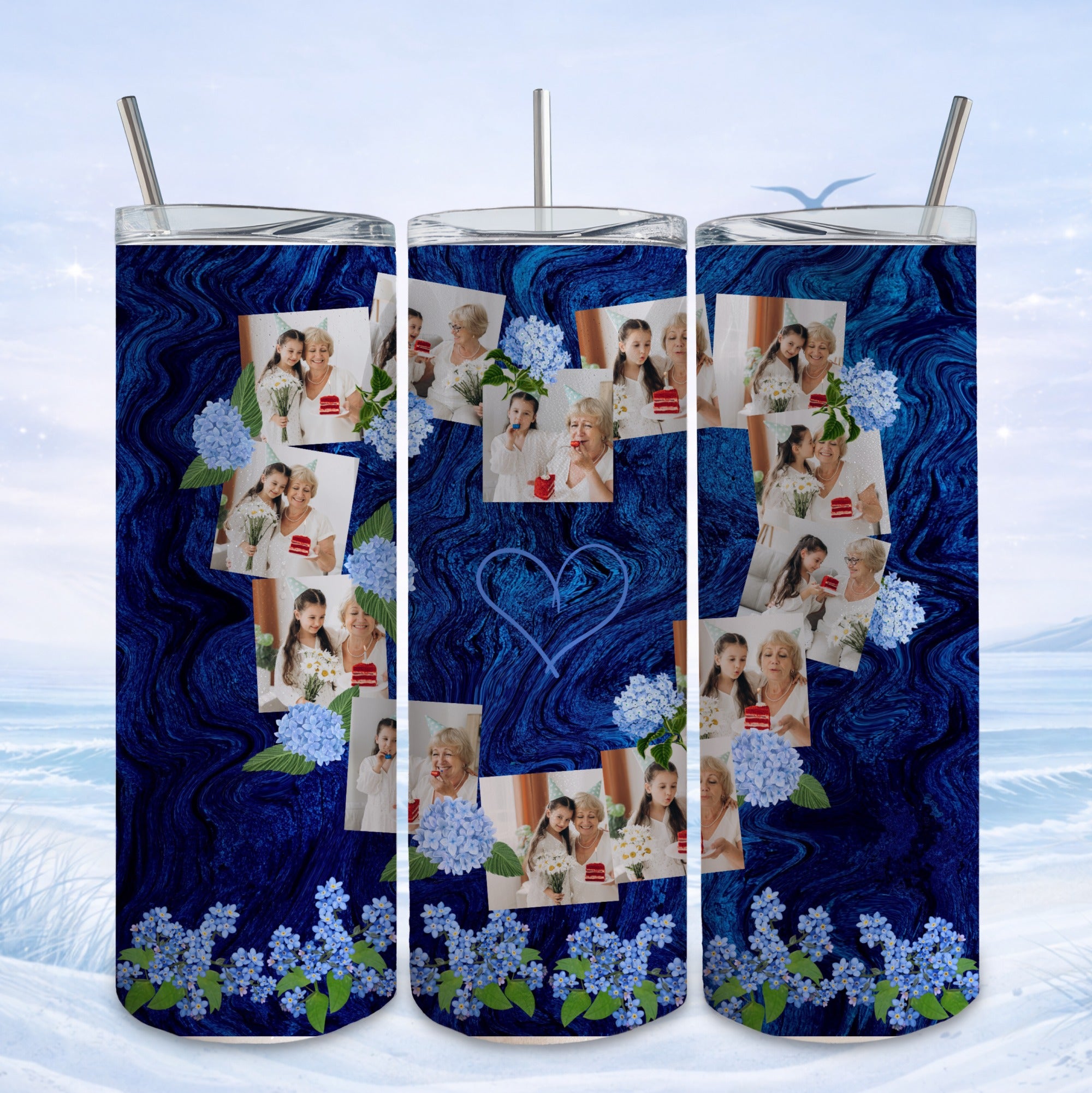 Collage of family birthday photos on a blue marble textured tumbler with floral accents.