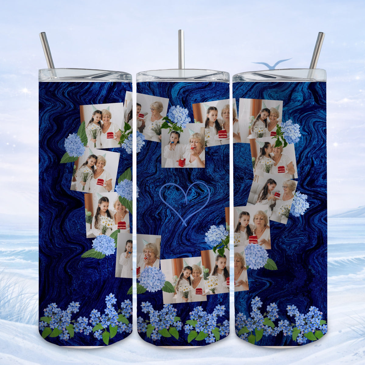Collage of family birthday photos on a blue marble textured tumbler with floral accents.